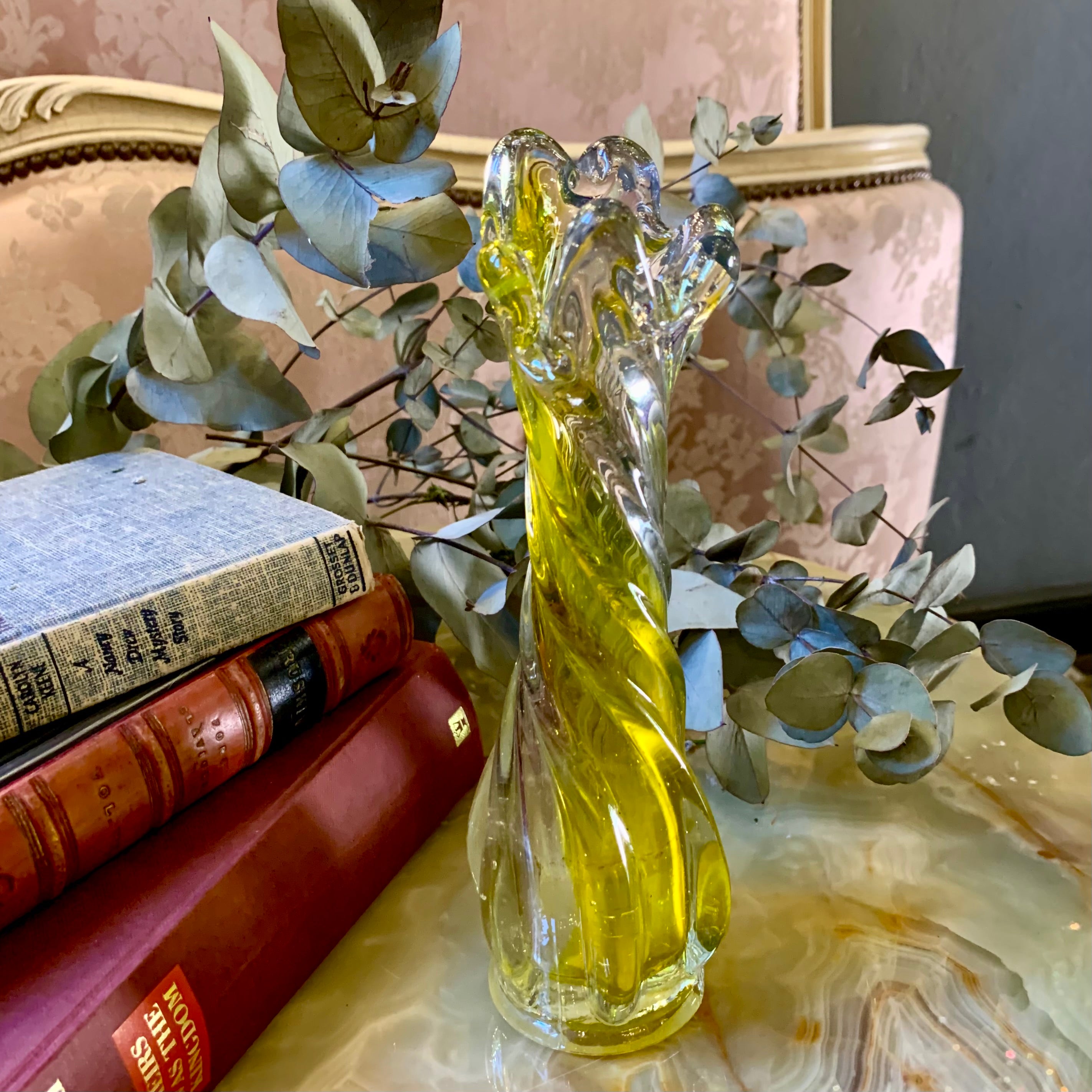 Clear and Yellow Twisted Murano Vase