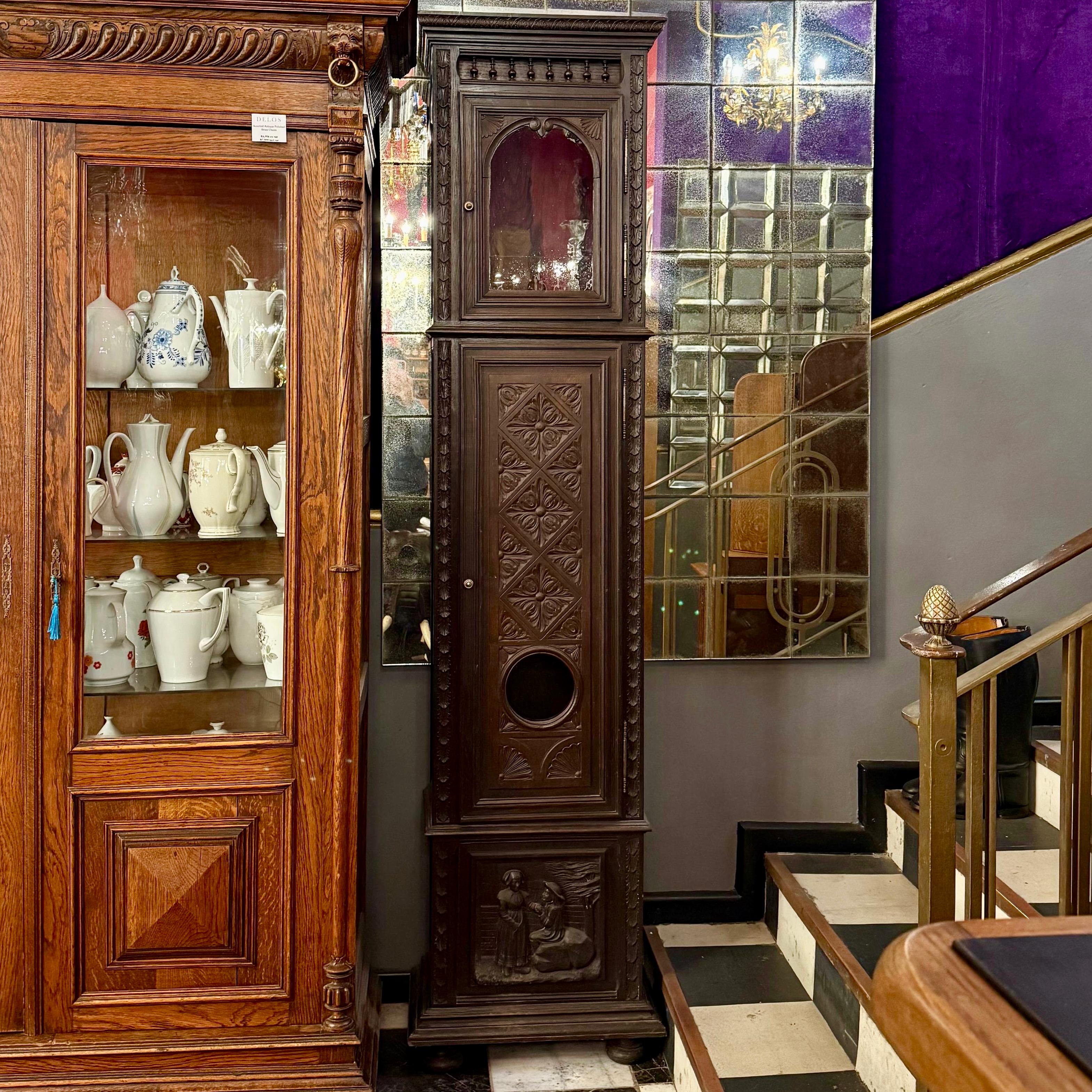 Antique Oak Carved Grandfather Clock Cabinet