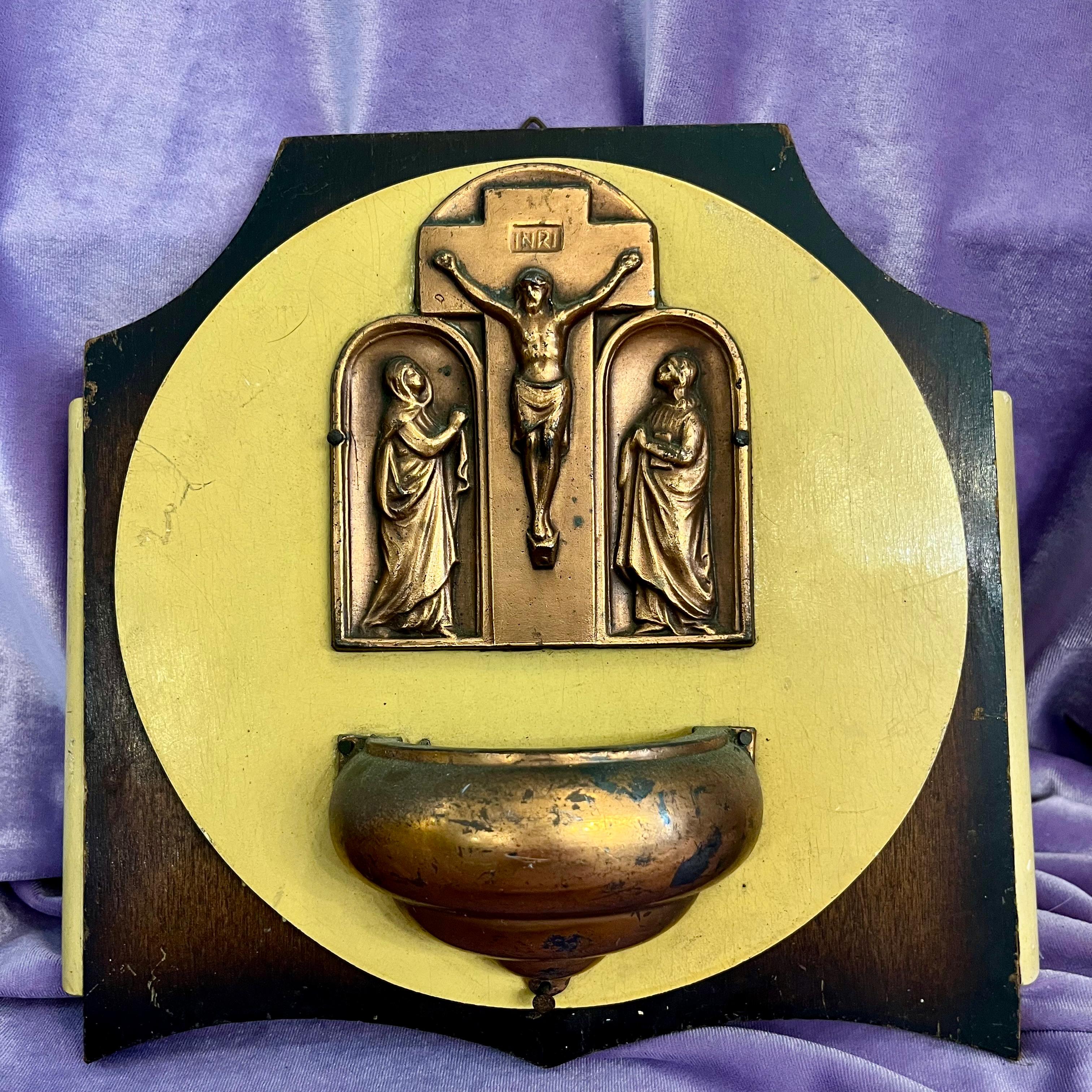 Crucifixion Brass Relief Holy Water Font