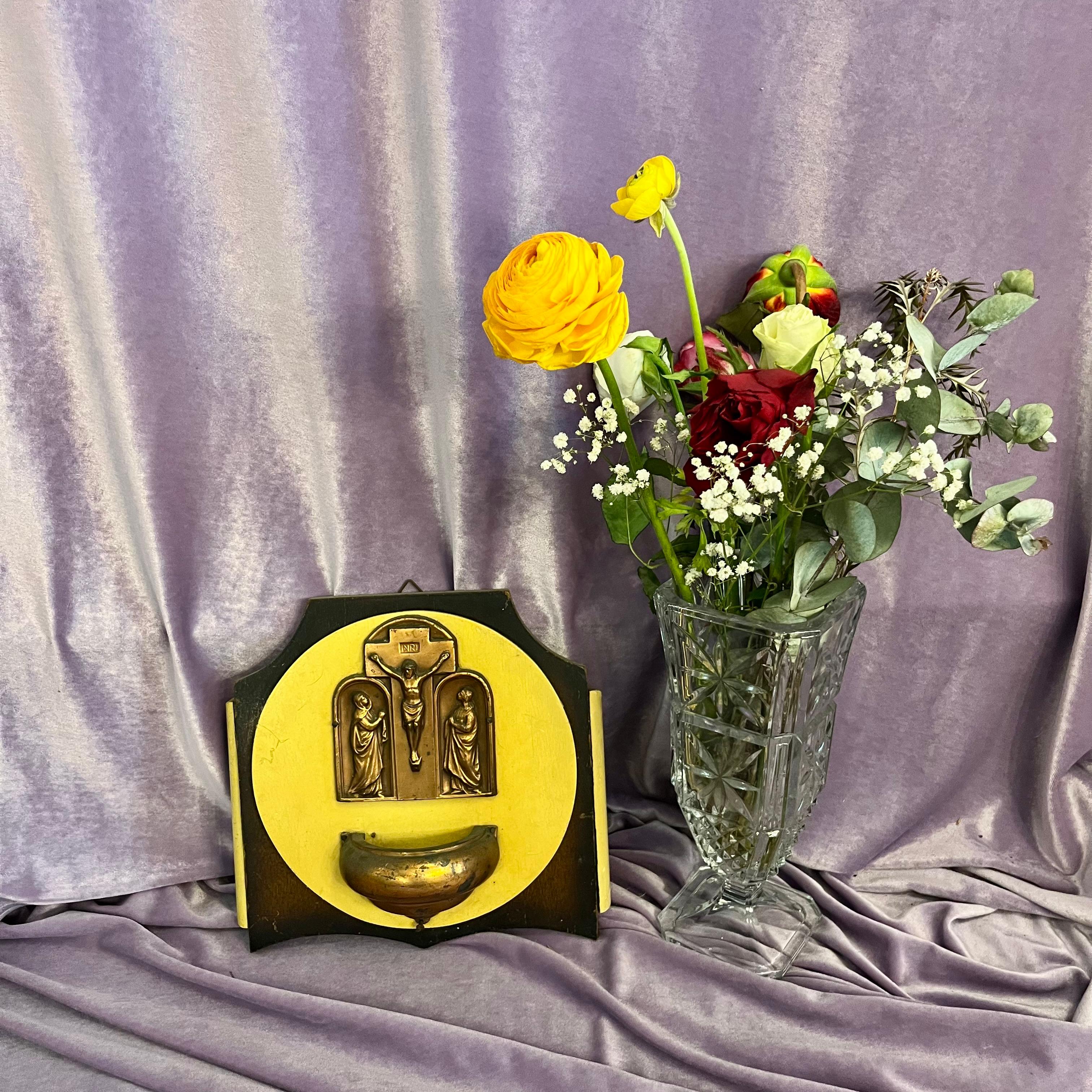 Crucifixion Brass Relief Holy Water Font