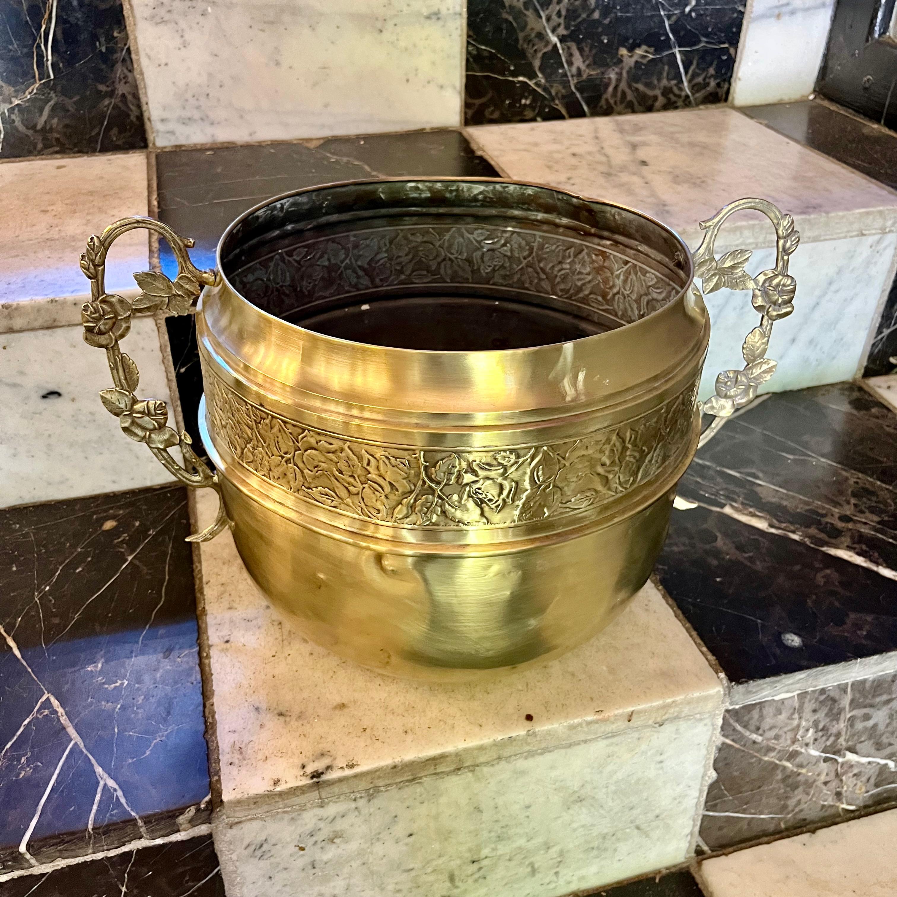 Embossed Brass Pot with Floral Detail