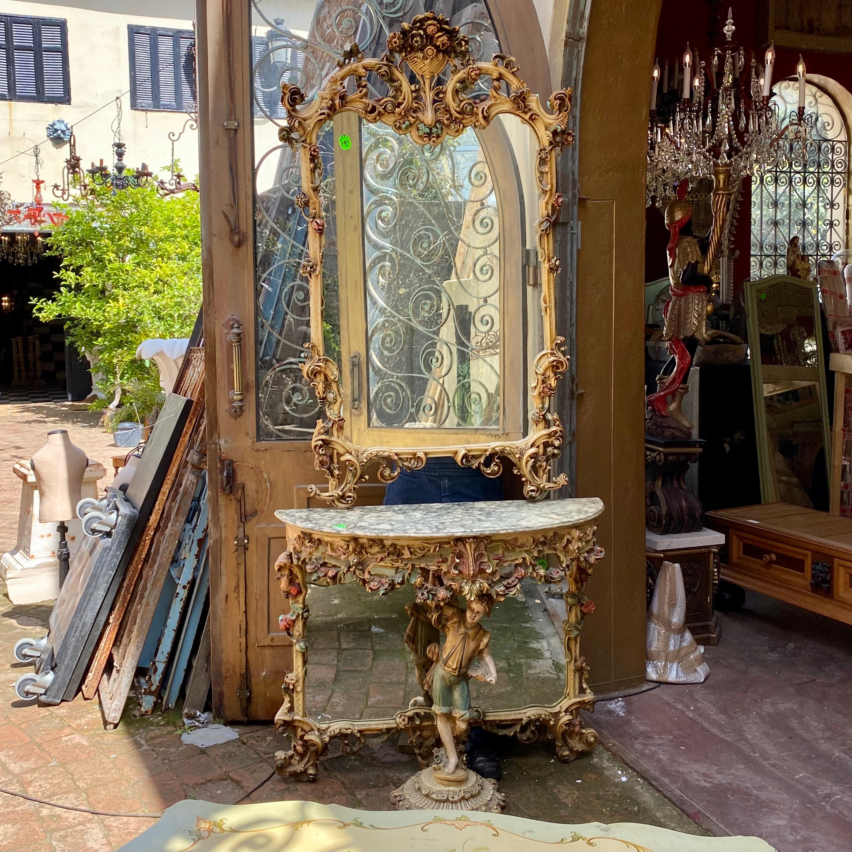 Very Rare and Special Antique Italian Cherub Console with Heavily Veined Marble from Verona, Italy