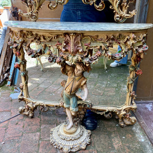 Very Rare and Special Antique Italian Cherub Console with Heavily Veined Marble from Verona, Italy