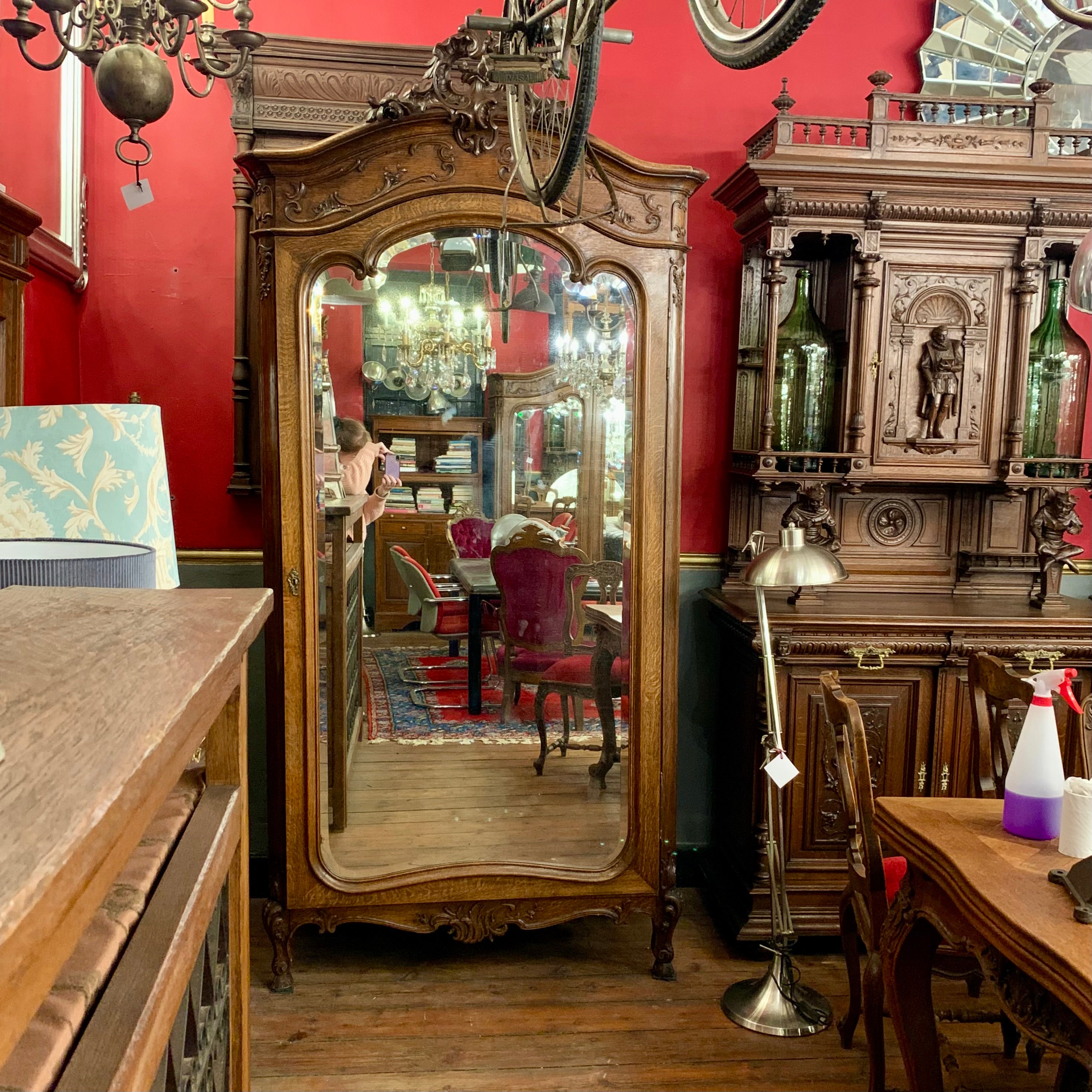 Antique Art Nouveau Oak Single Mirror Front Armoire