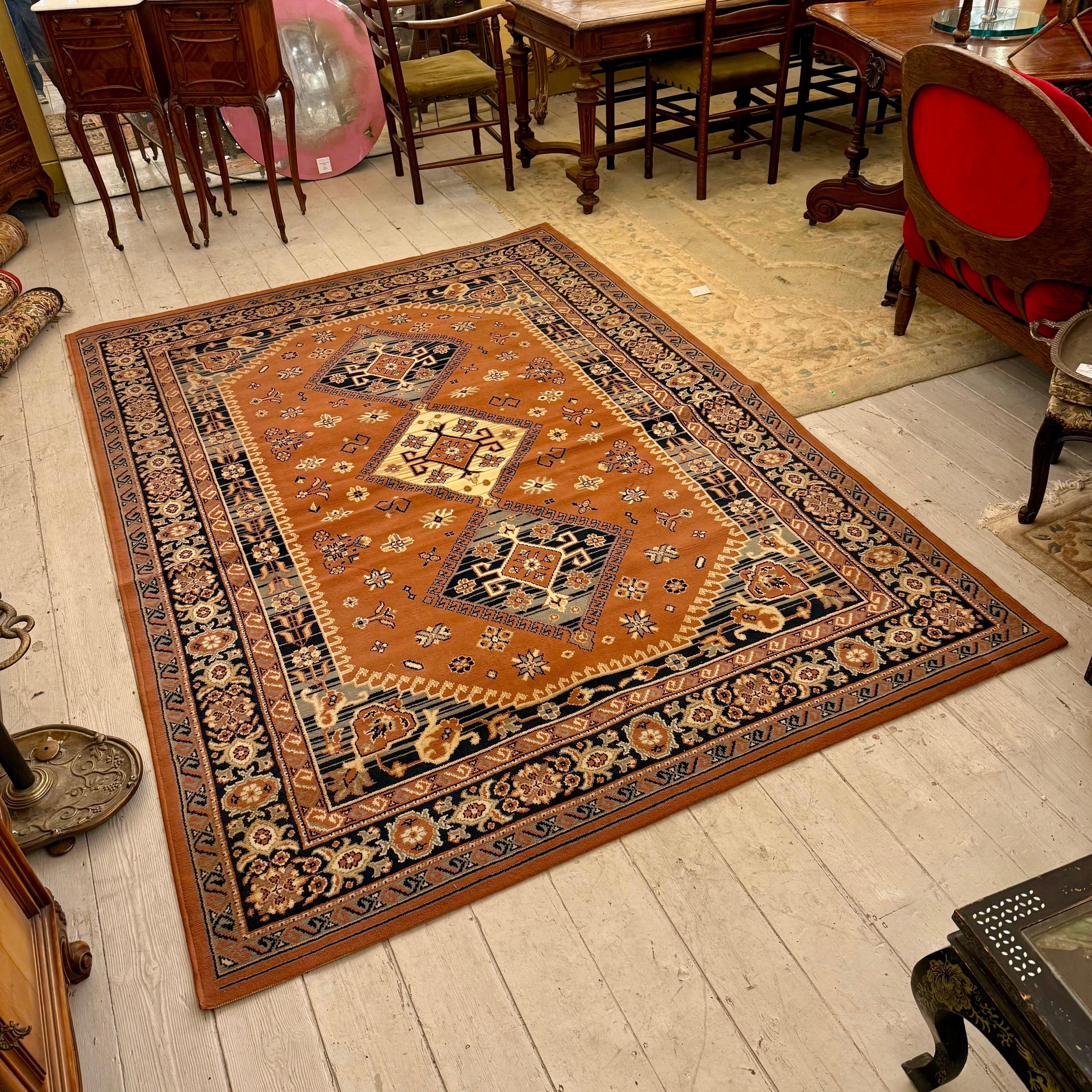 Geometric Rug in Rust and Navy Tones, Middle Eastern, c. Late 20th Century
