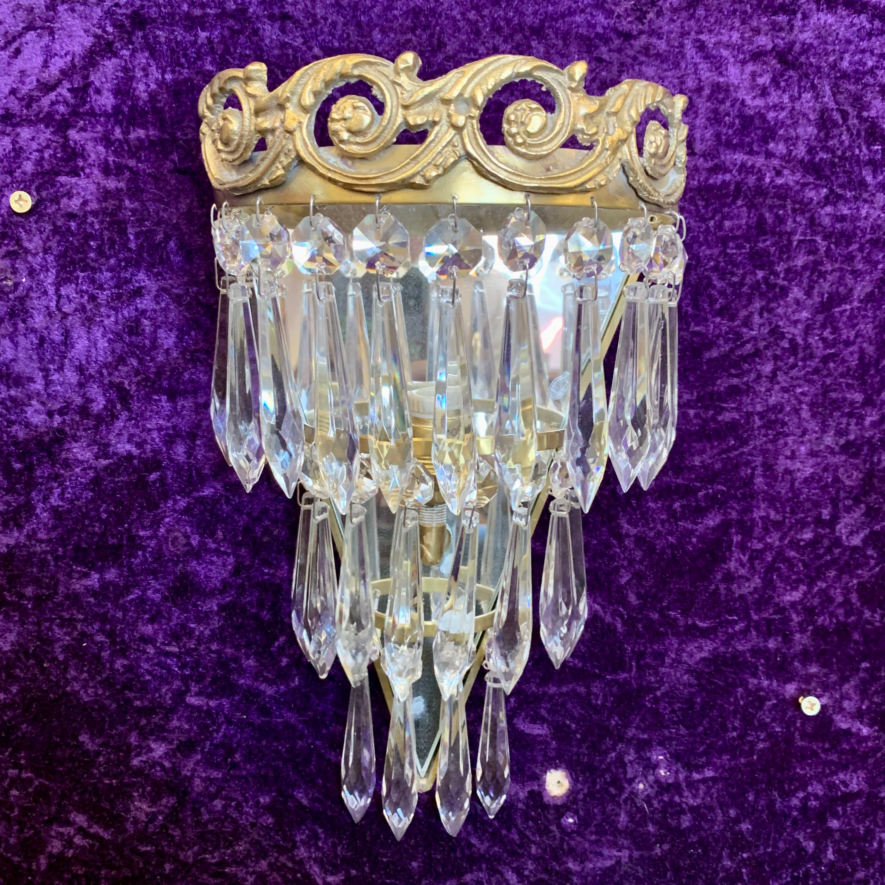 Pair of Aged Brass & Crystal Waterfall Sconces