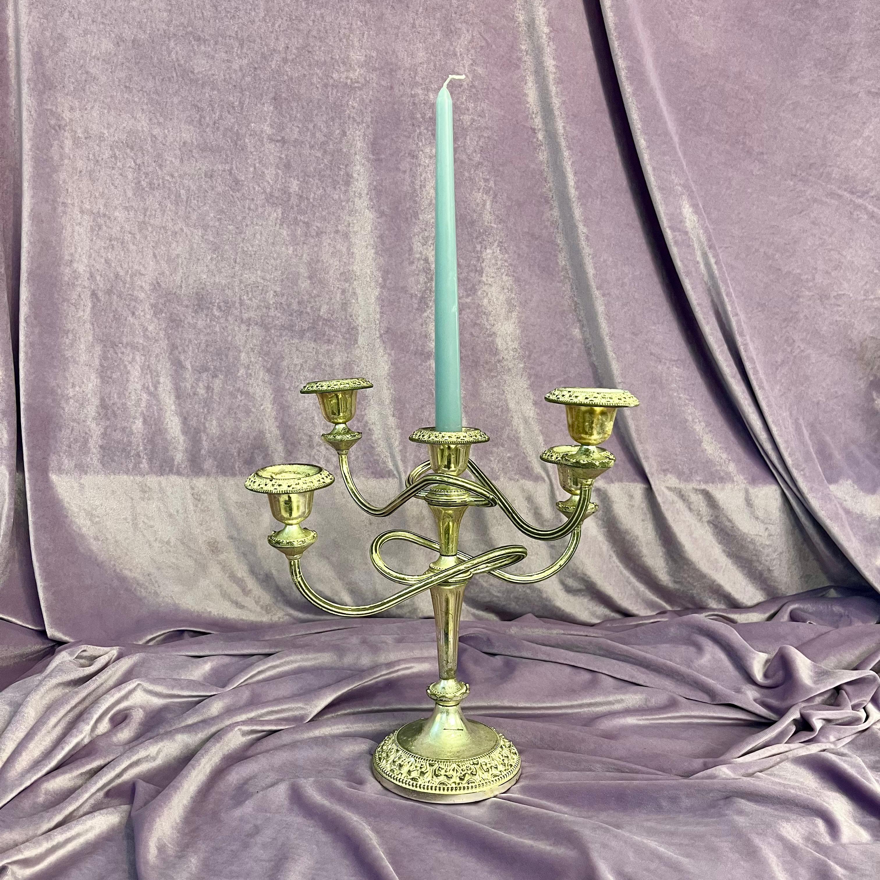 Near Pair of Antique Polished Nickel Candelabras