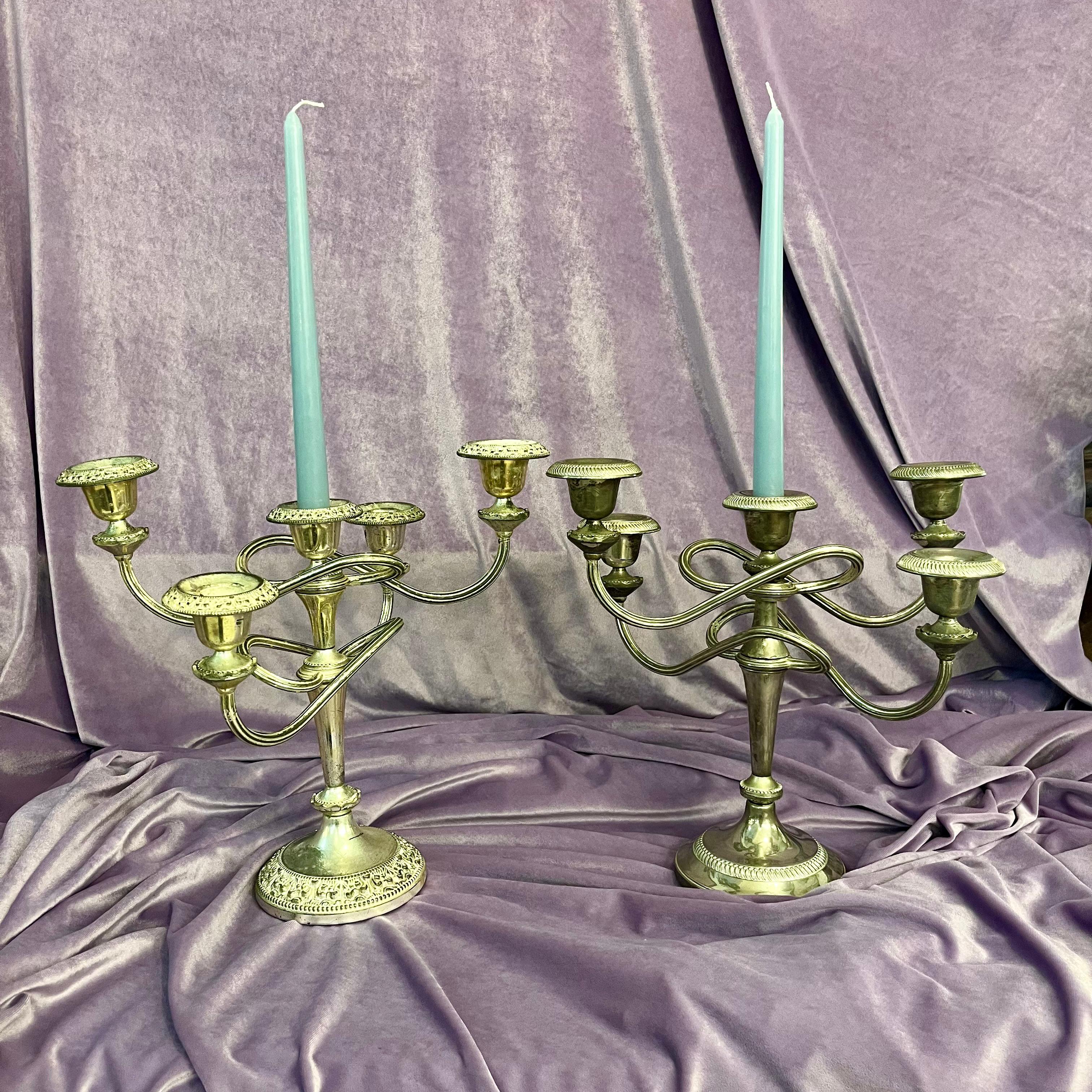 Near Pair of Antique Polished Nickel Candelabras