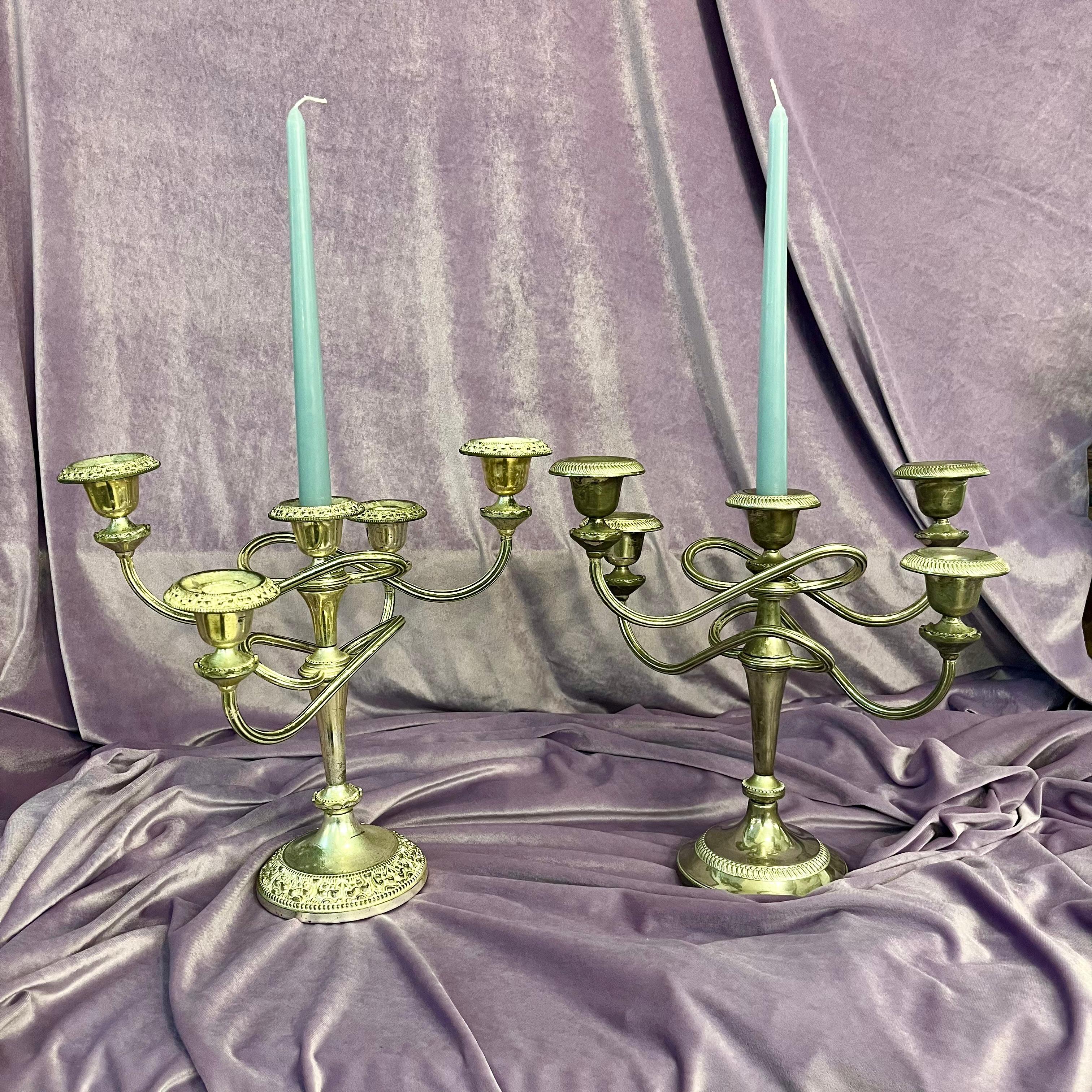 Near Pair of Antique Polished Nickel Candelabras
