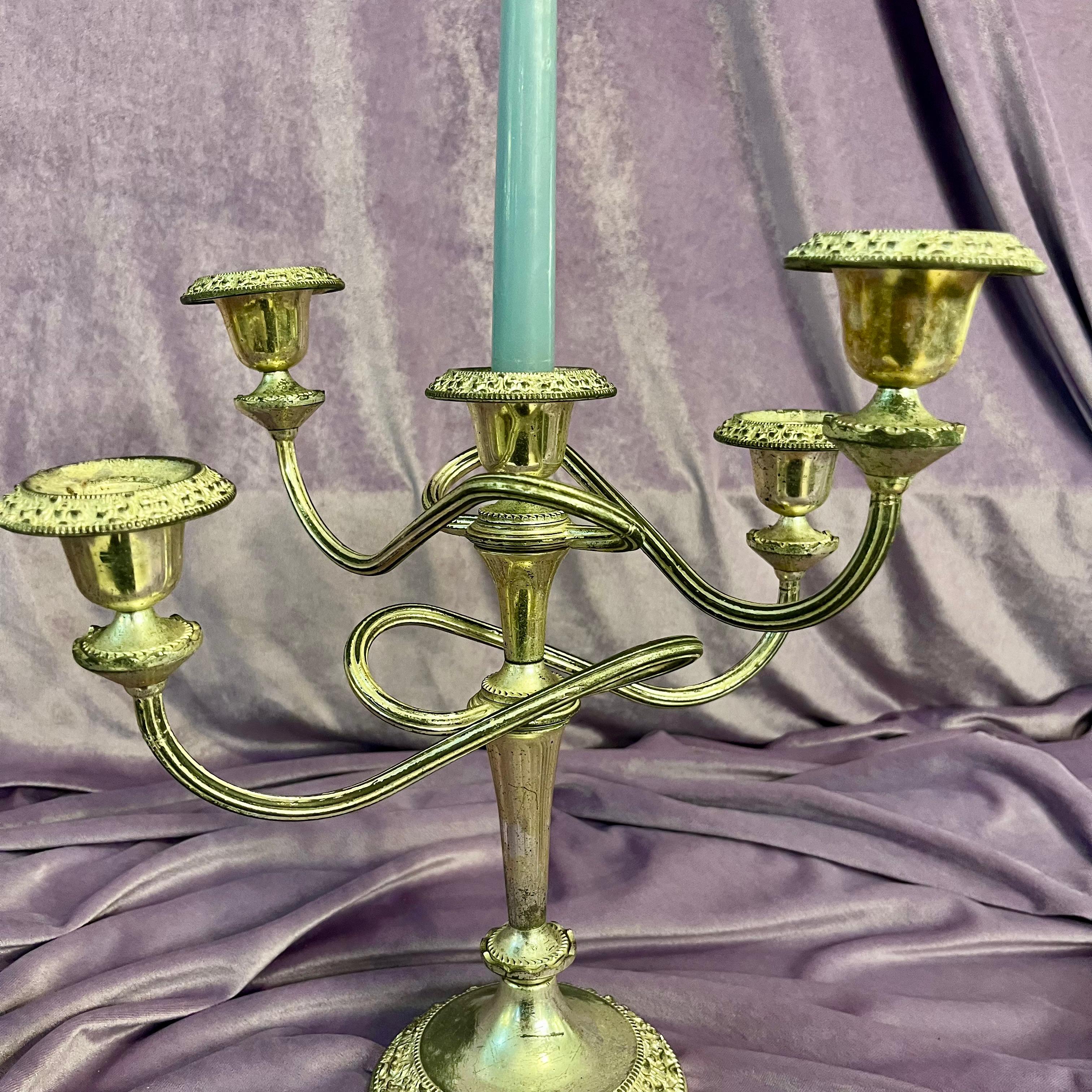 Near Pair of Antique Polished Nickel Candelabras