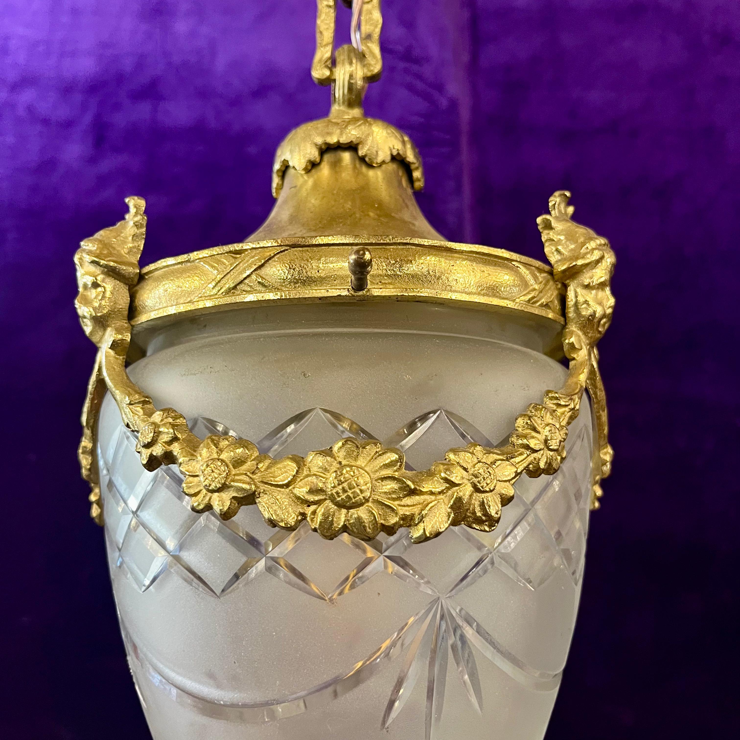 Antique Gilt Bronze & Frosted Glass Pendant with Decorative Mask Mounts