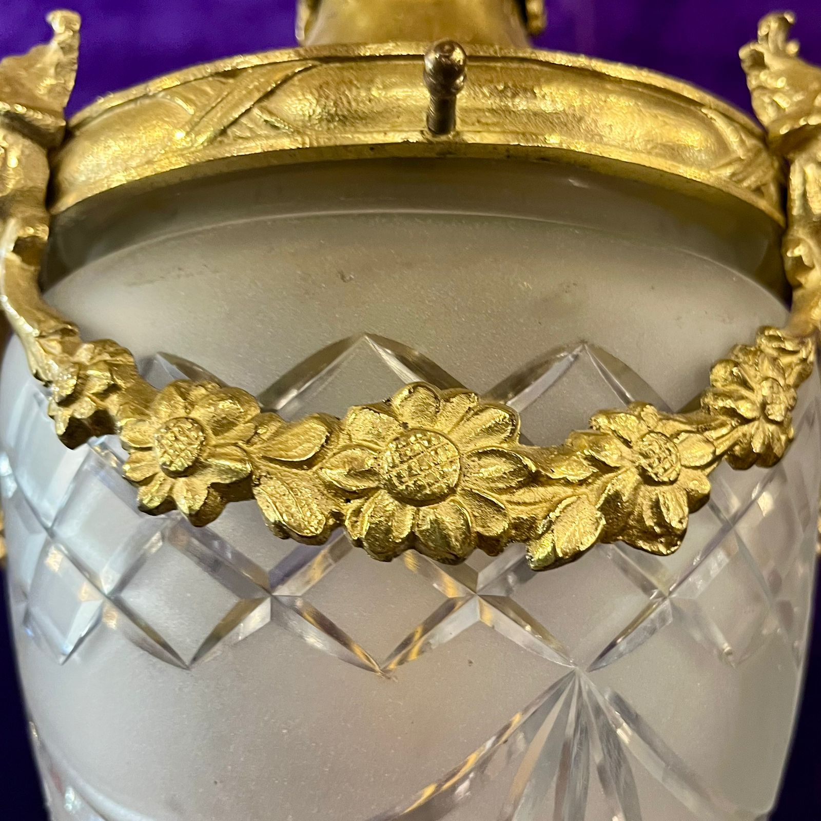 Antique Gilt Bronze & Frosted Glass Pendant with Decorative Mask Mounts