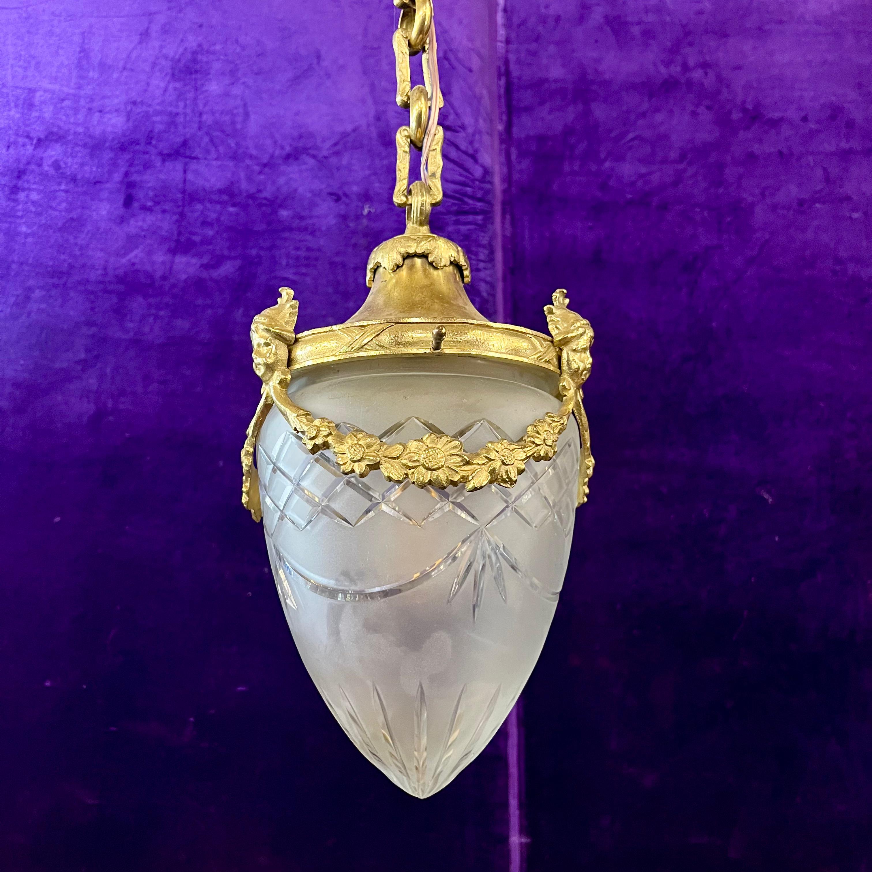 Antique Gilt Bronze & Frosted Glass Pendant with Decorative Mask Mounts