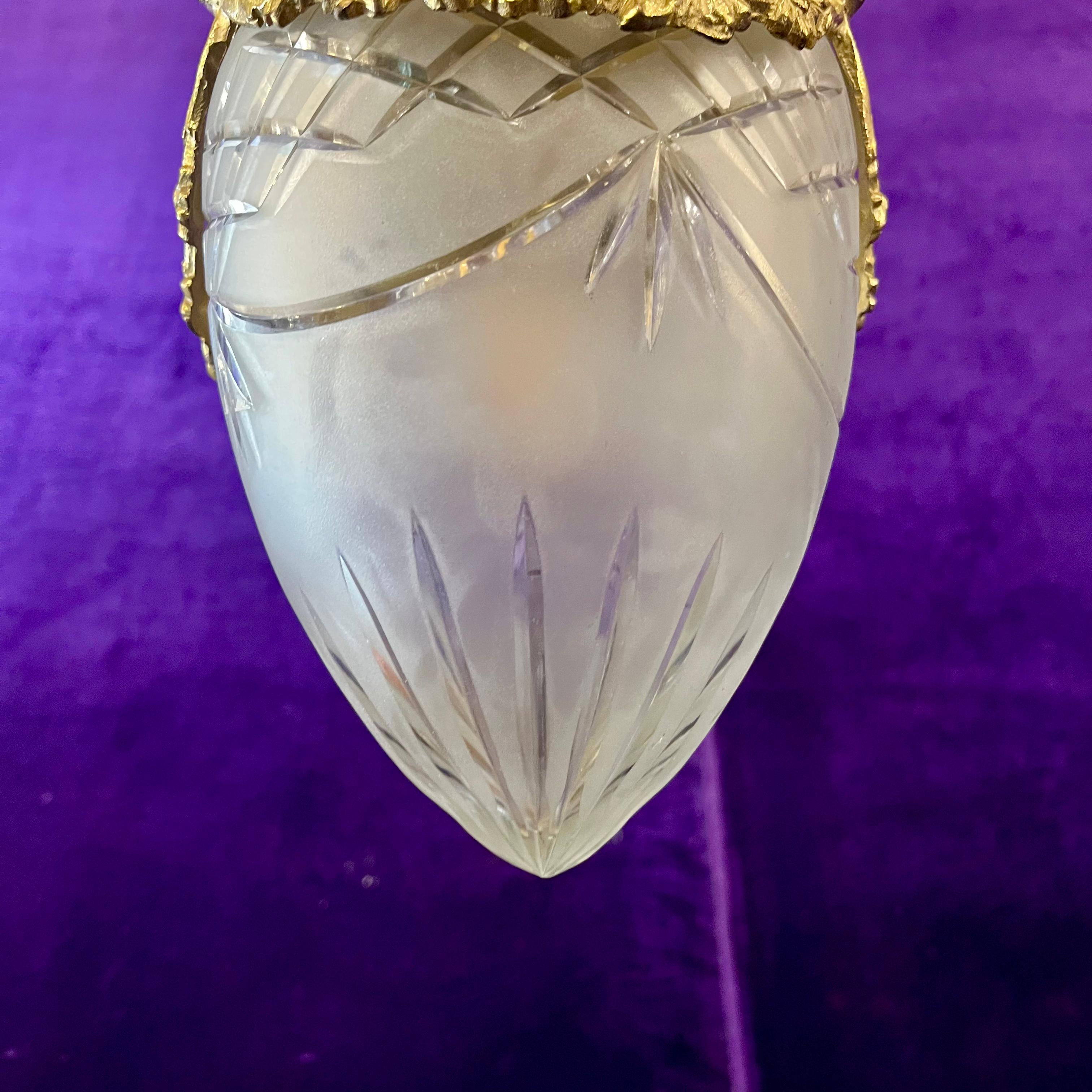 Antique Gilt Bronze & Frosted Glass Pendant with Decorative Mask Mounts