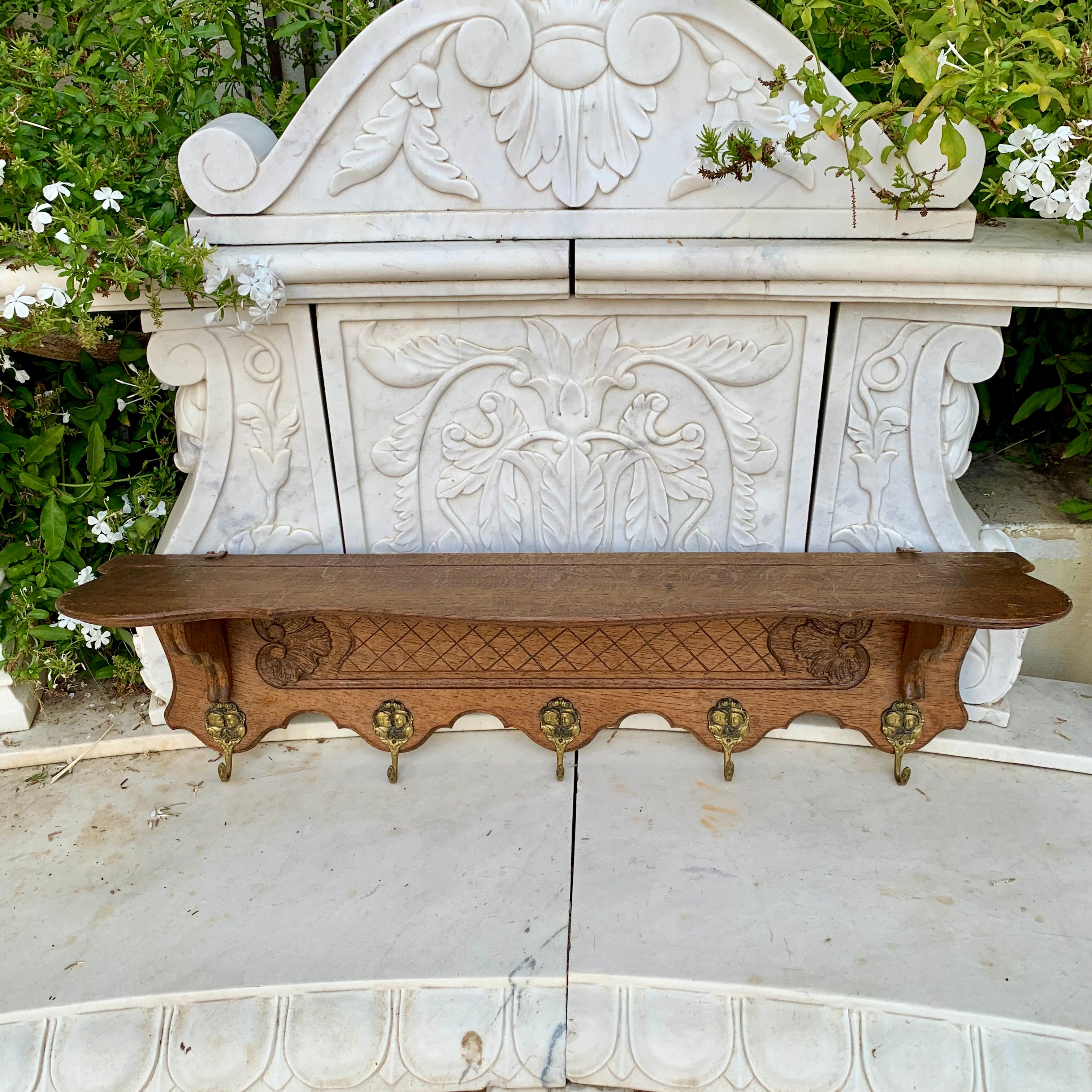 Pretty Carved French Oak Wall Coat Rack