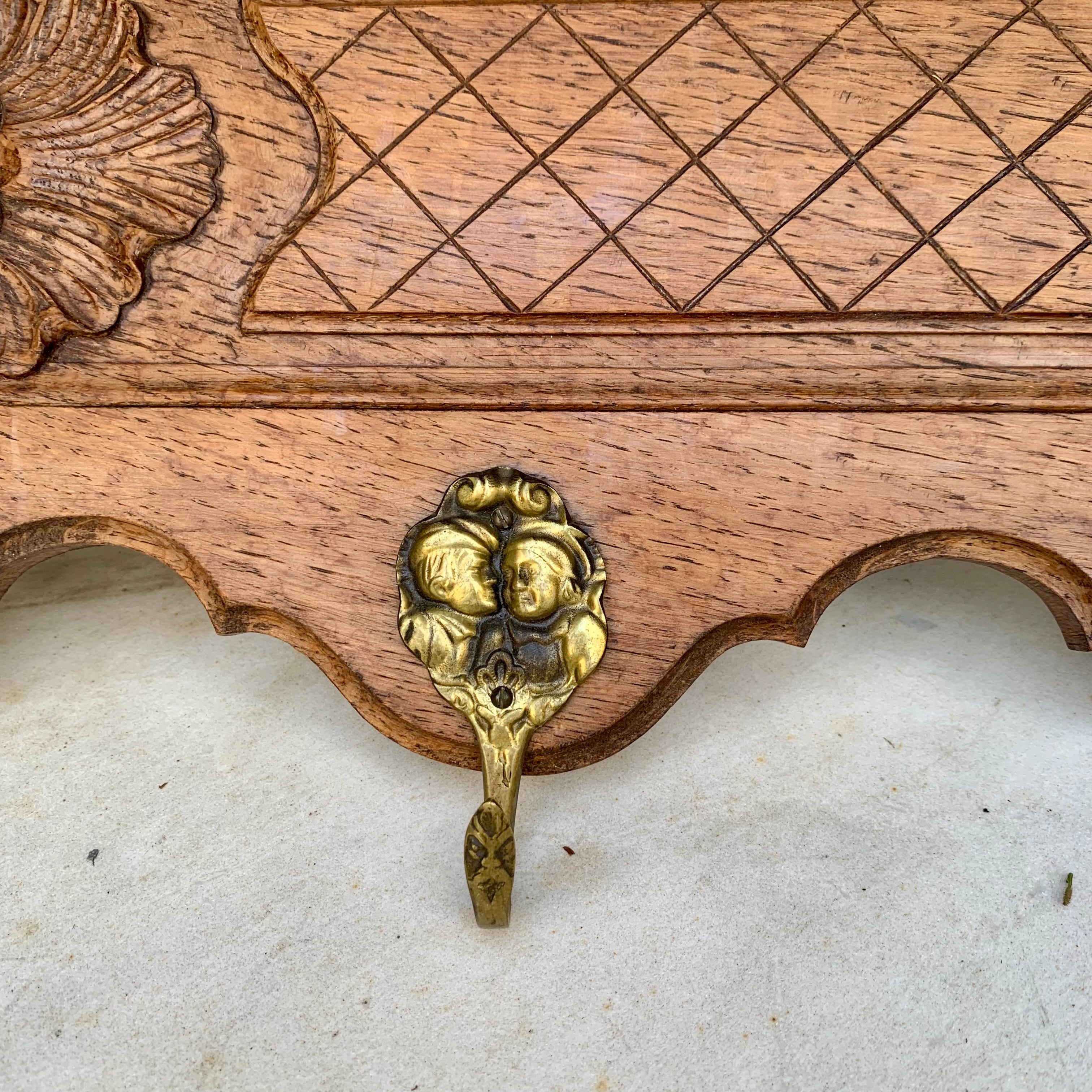 Pretty Carved French Oak Wall Coat Rack