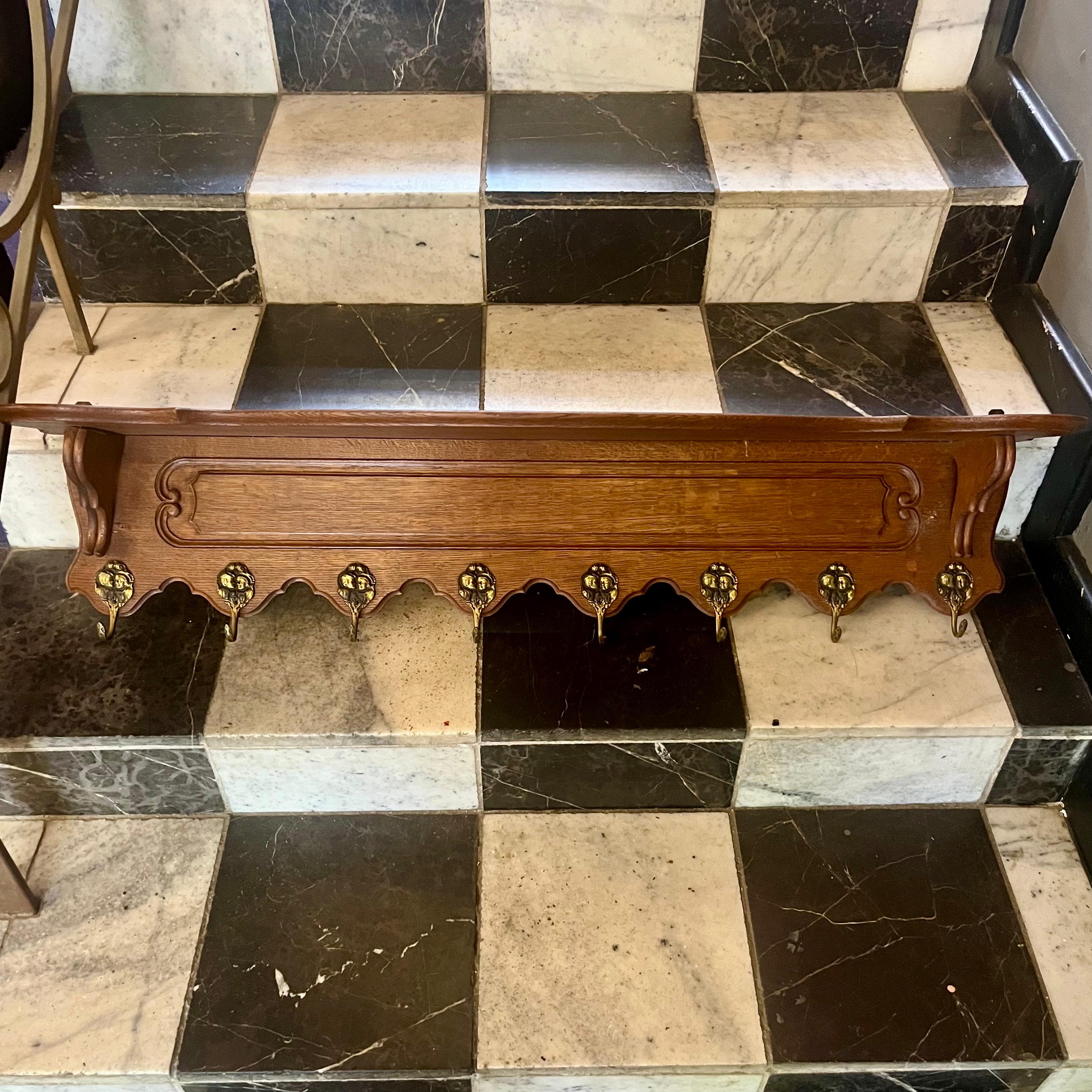 Charming Antique French Oak Wall Coat Rack