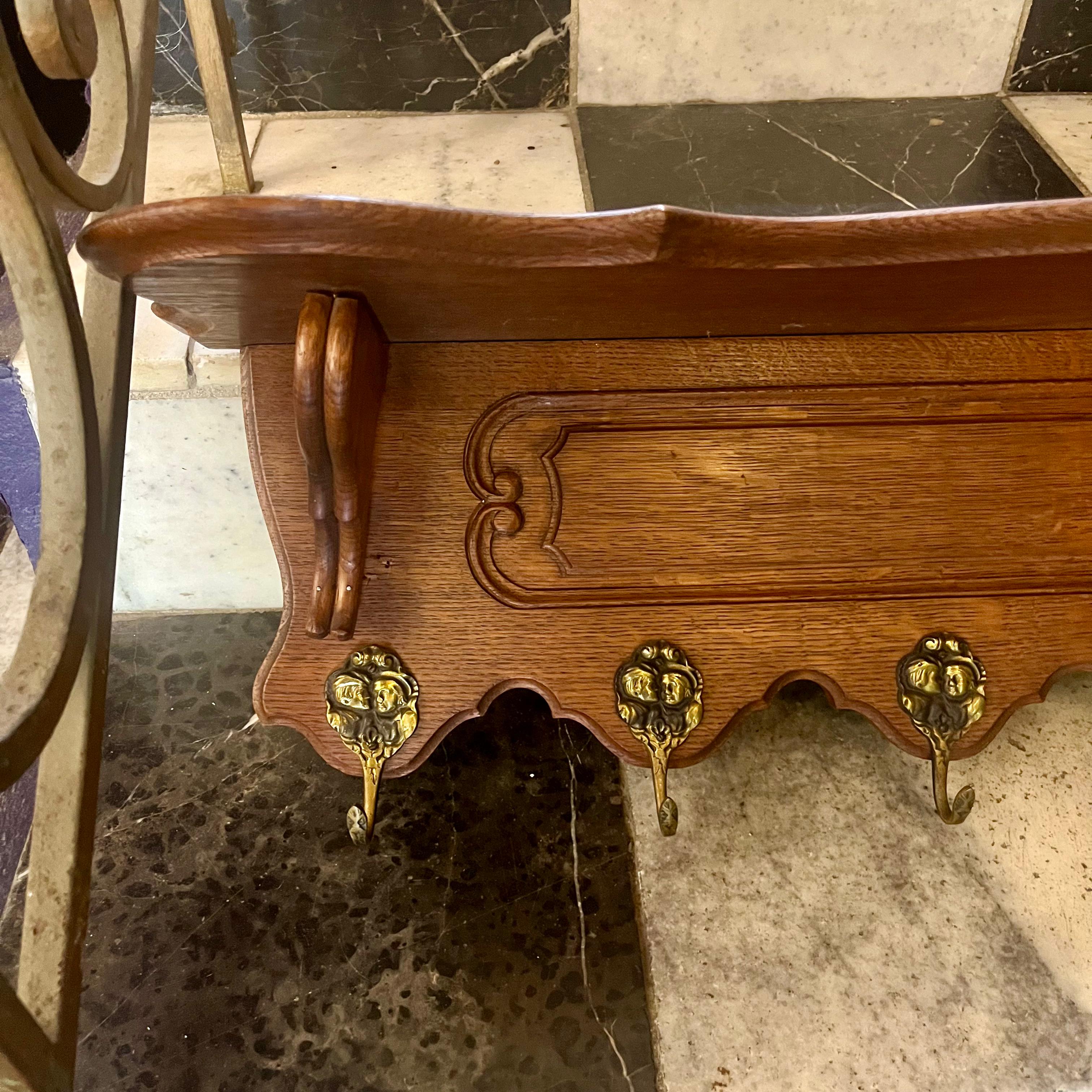 Charming Antique French Oak Wall Coat Rack