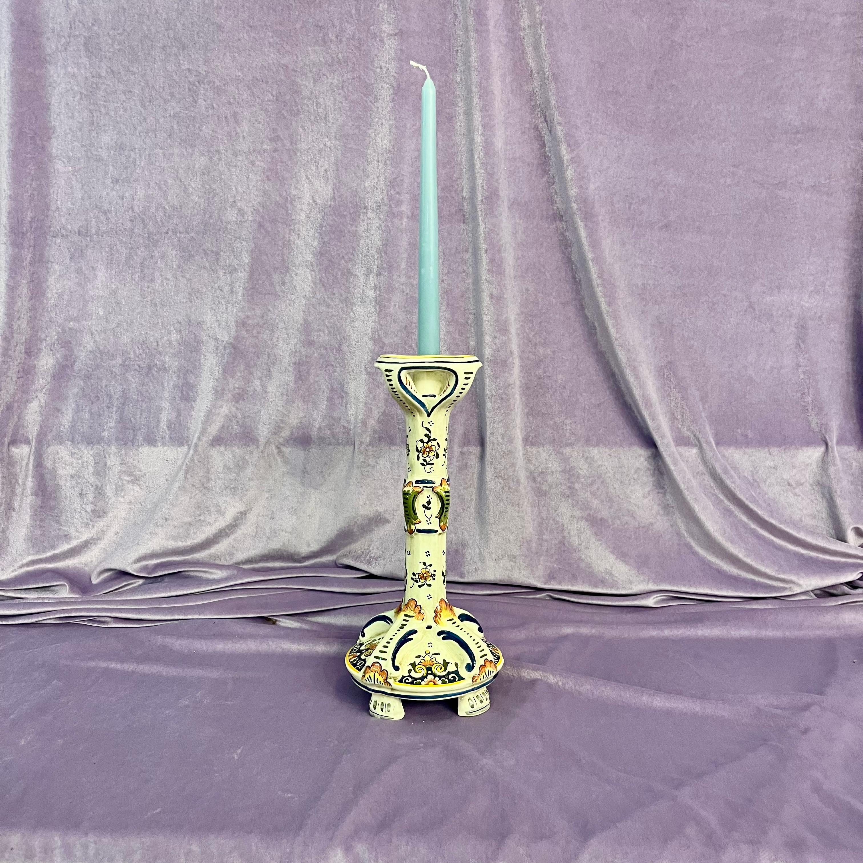 Glazed Earthenware Pottery Candlestick, by Rouen, France