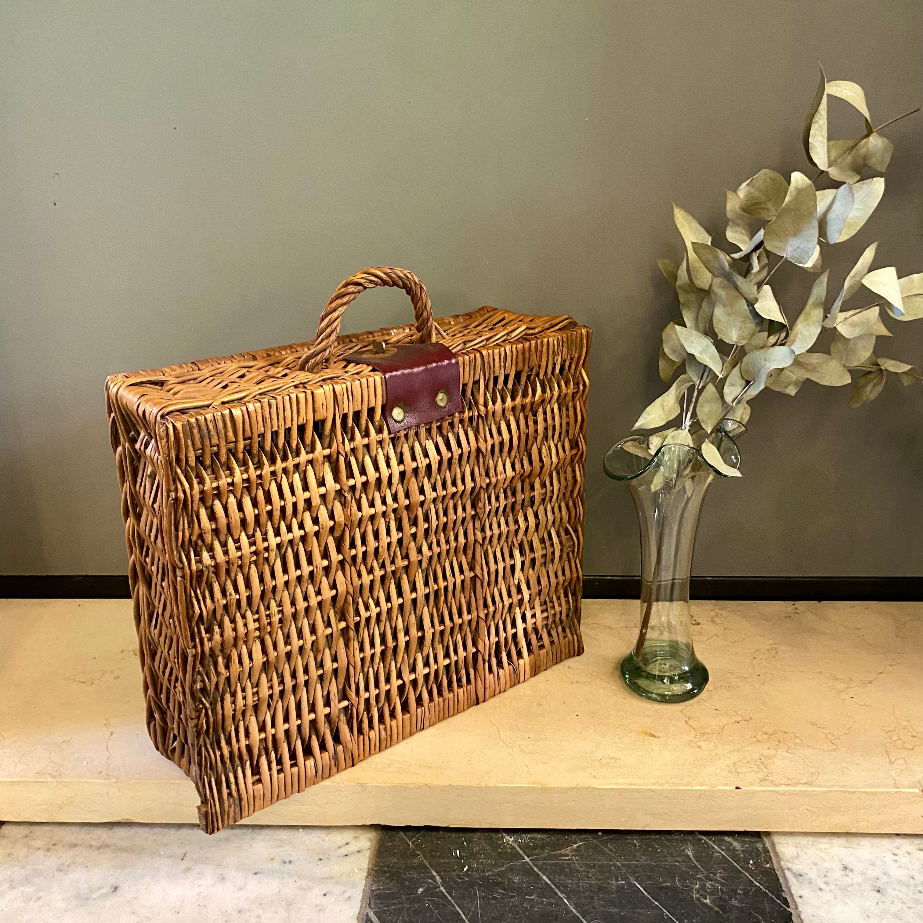 Sweet Vintage Wicker and Leather Clasp Picnic Basket - SOLD