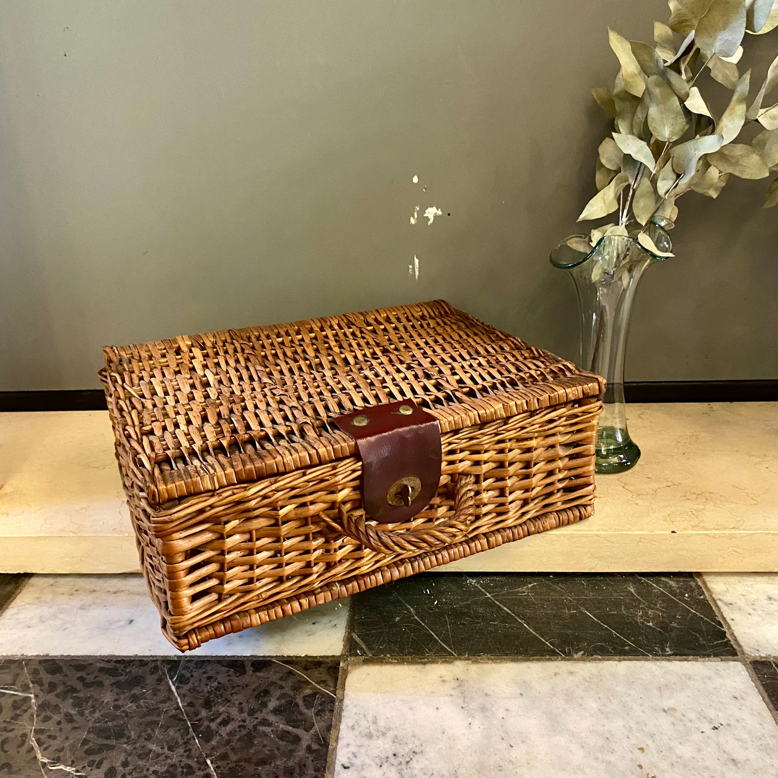 Sweet Vintage Wicker and Leather Clasp Picnic Basket - SOLD