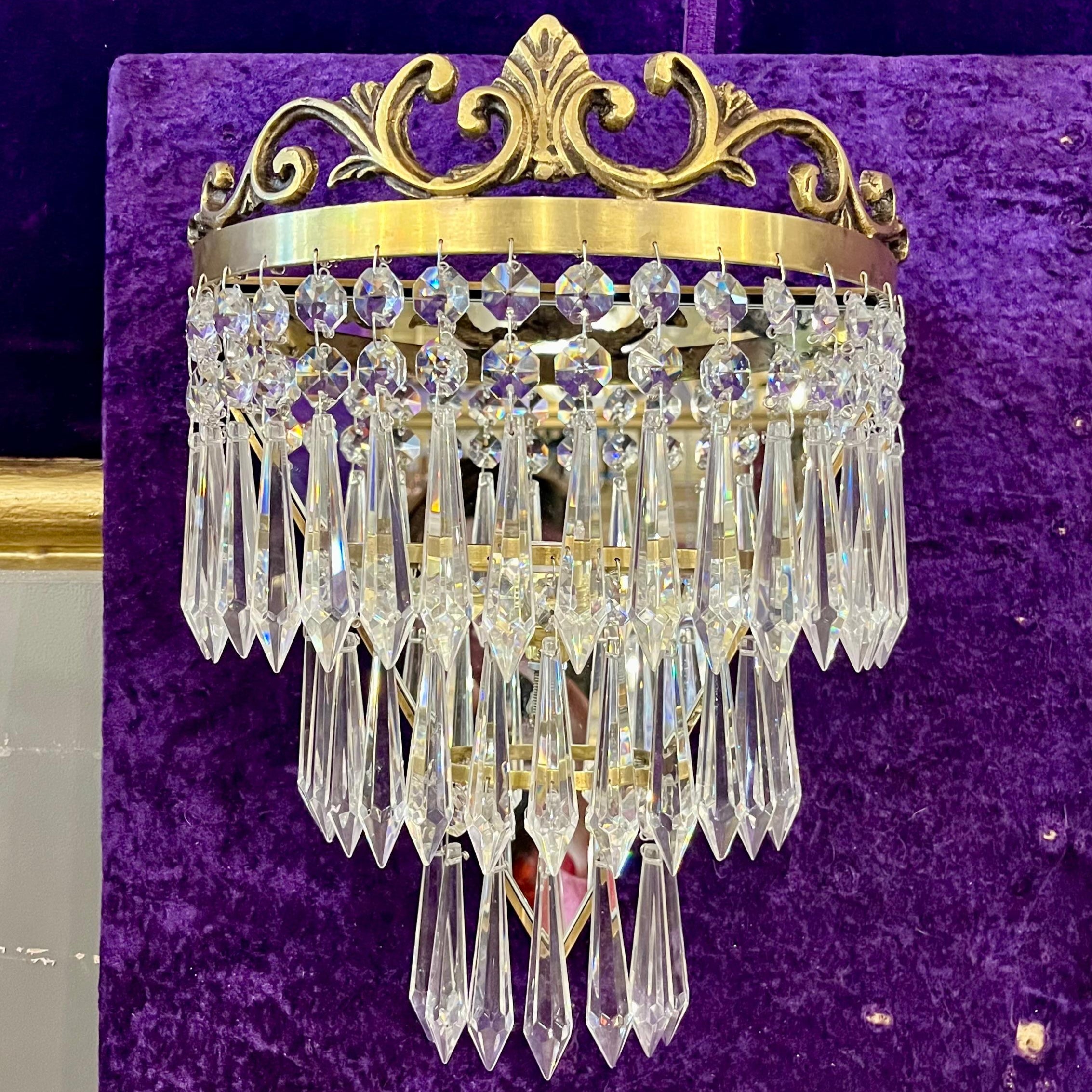 Pair of Brass and Crystal Waterfall Sconces - SOLD