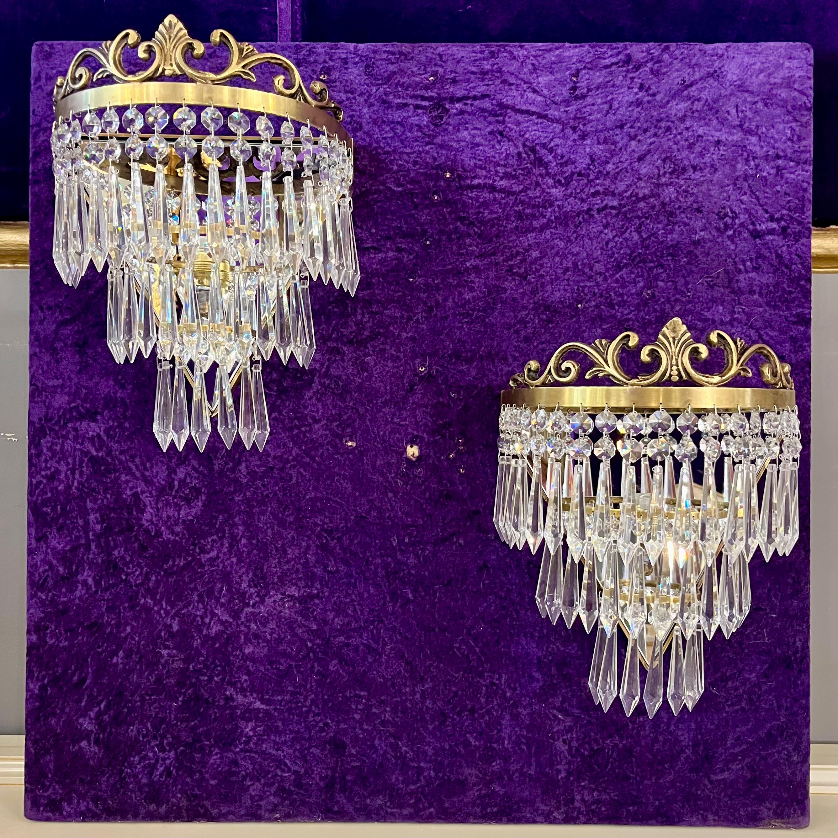 Pair of Brass and Crystal Waterfall Sconces - SOLD