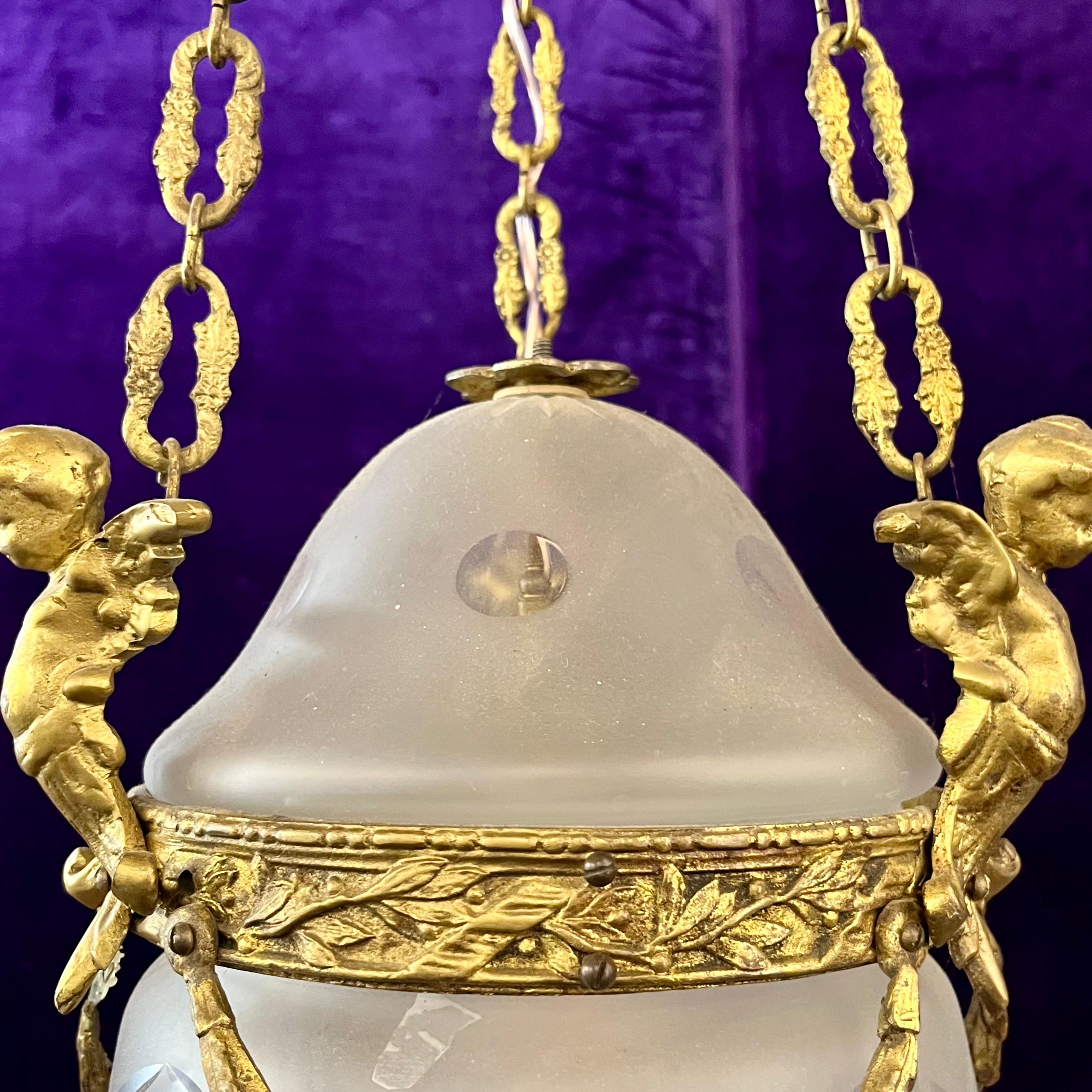Antique Gilt Bronze & Frosted Glass Pendant with Cherub Mounts