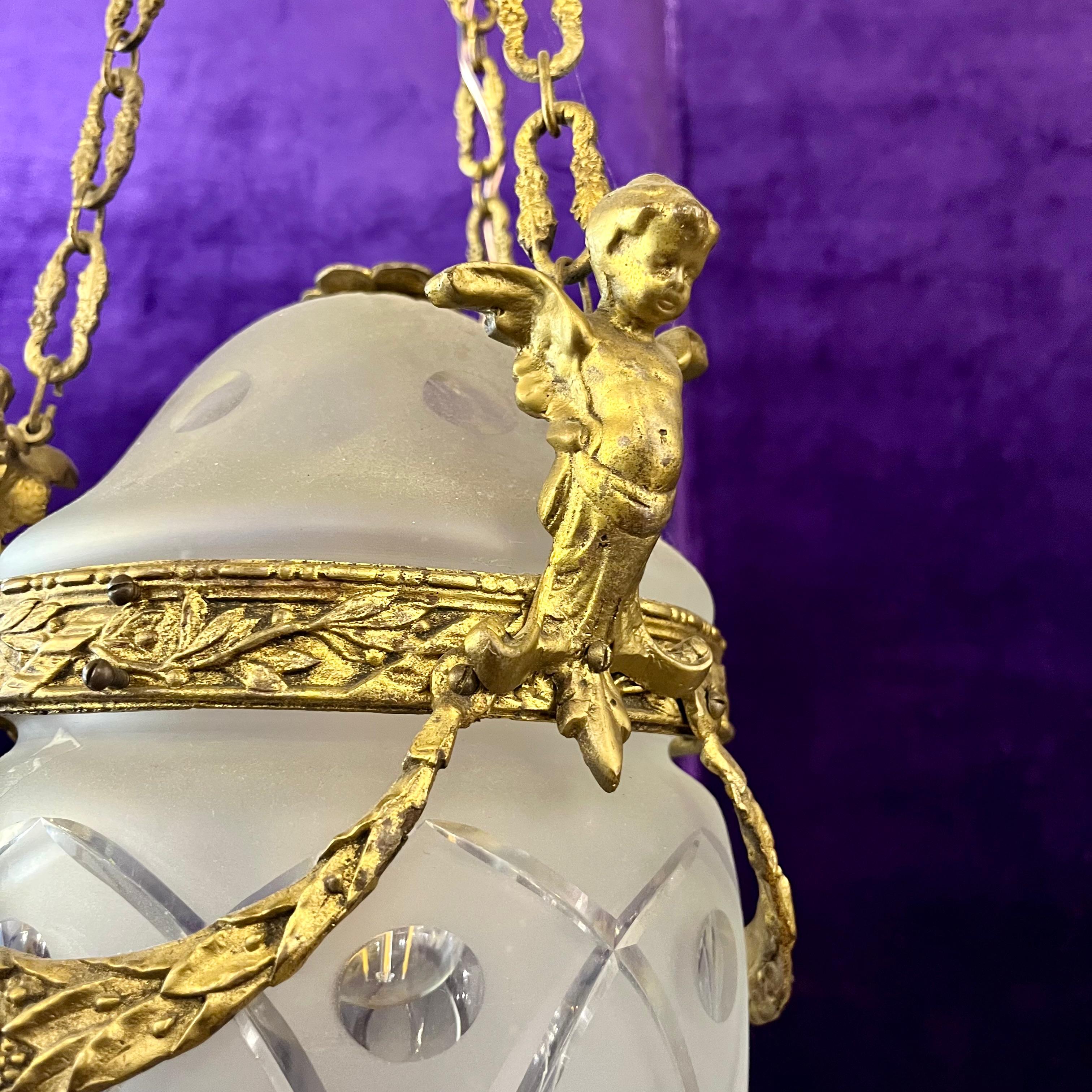 Antique Gilt Bronze & Frosted Glass Pendant with Cherub Mounts
