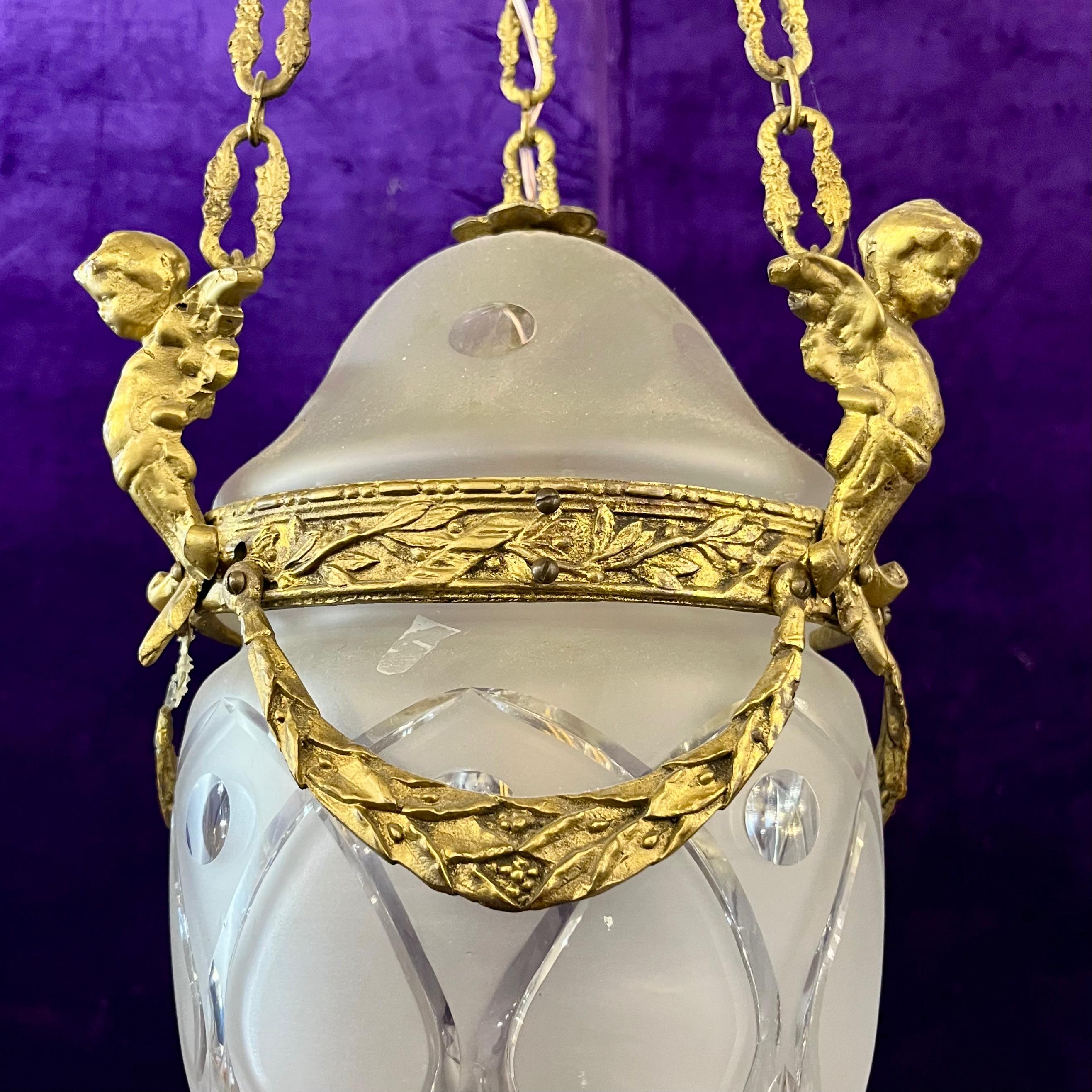 Antique Gilt Bronze & Frosted Glass Pendant with Cherub Mounts