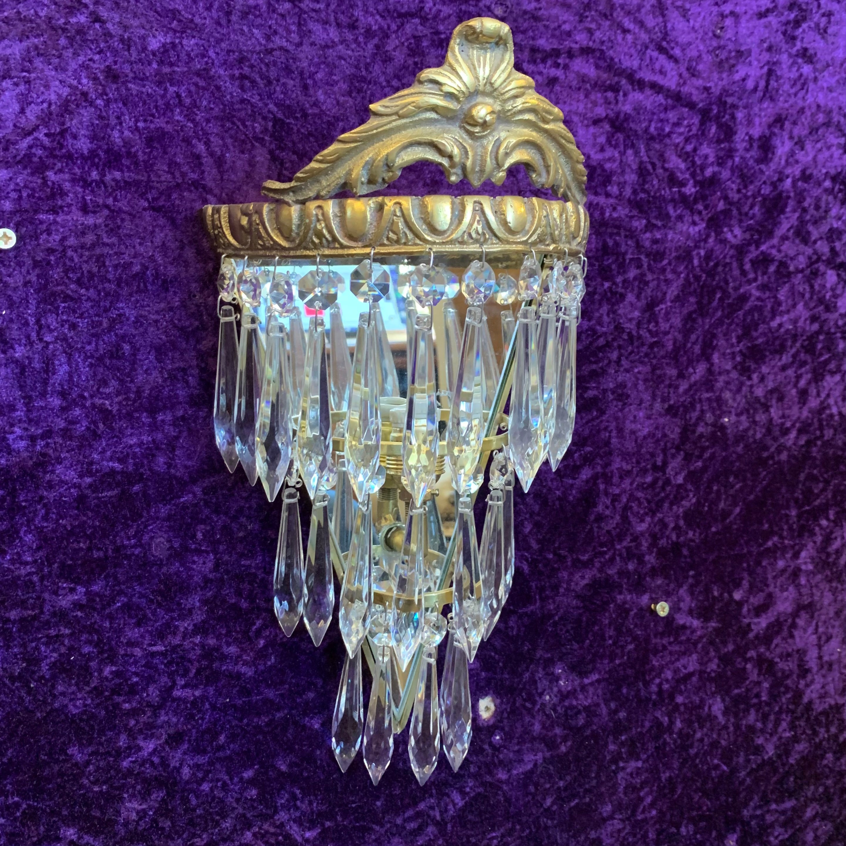 Beautiful Aged Brass & Crystal Waterfall Sconce