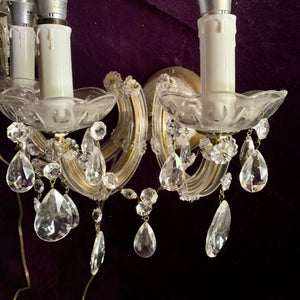 Pair of Maria Theresa Three Arm Glass & Crystal Wall Sconce