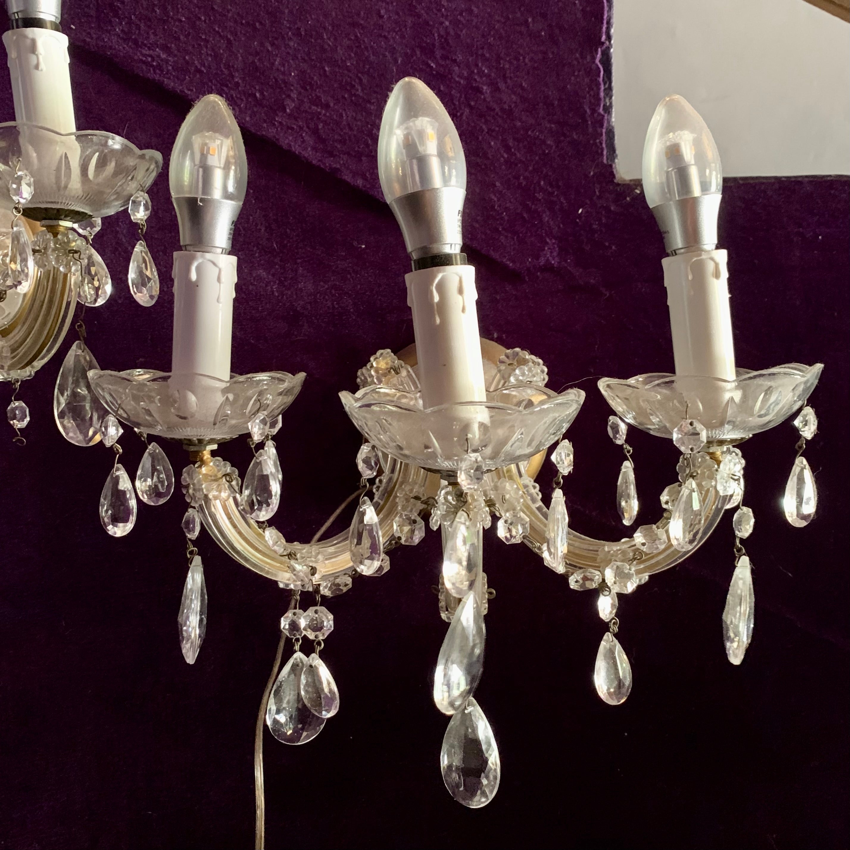 Pair of Maria Theresa Three Arm Glass & Crystal Wall Sconce