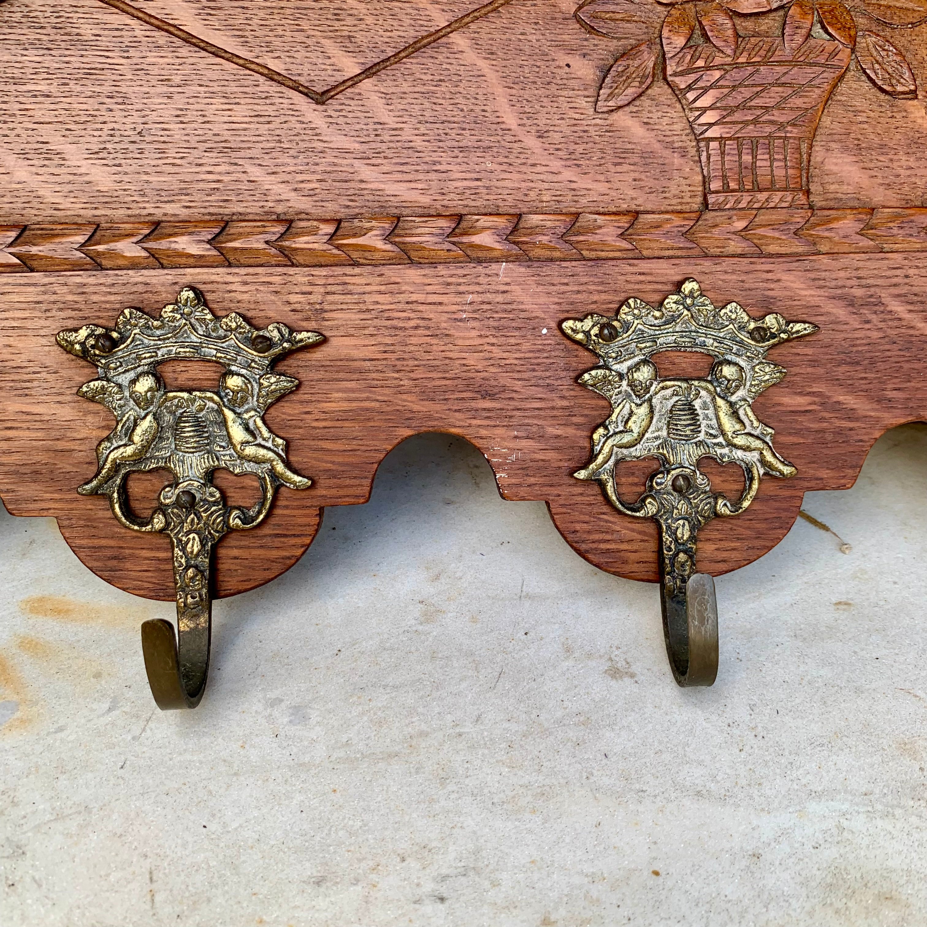 Antique French Coat Rack with Brass Hooks