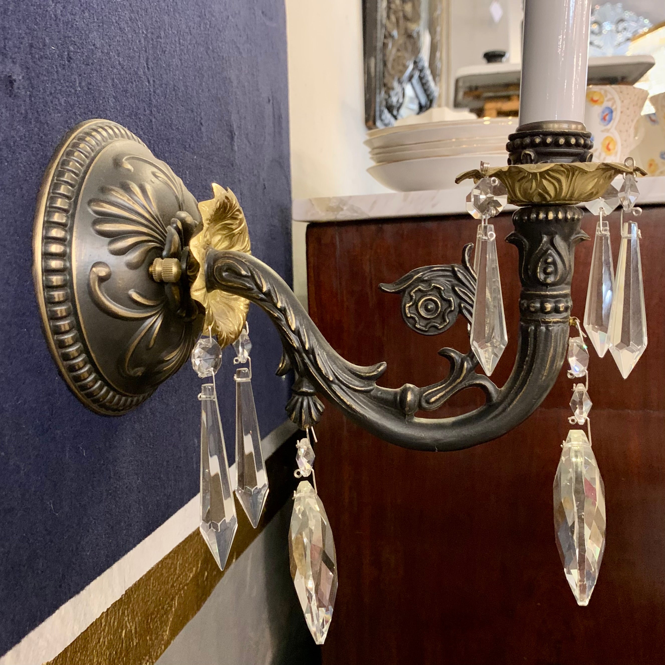 Intricate Brass One Arm Sconce with Crystals