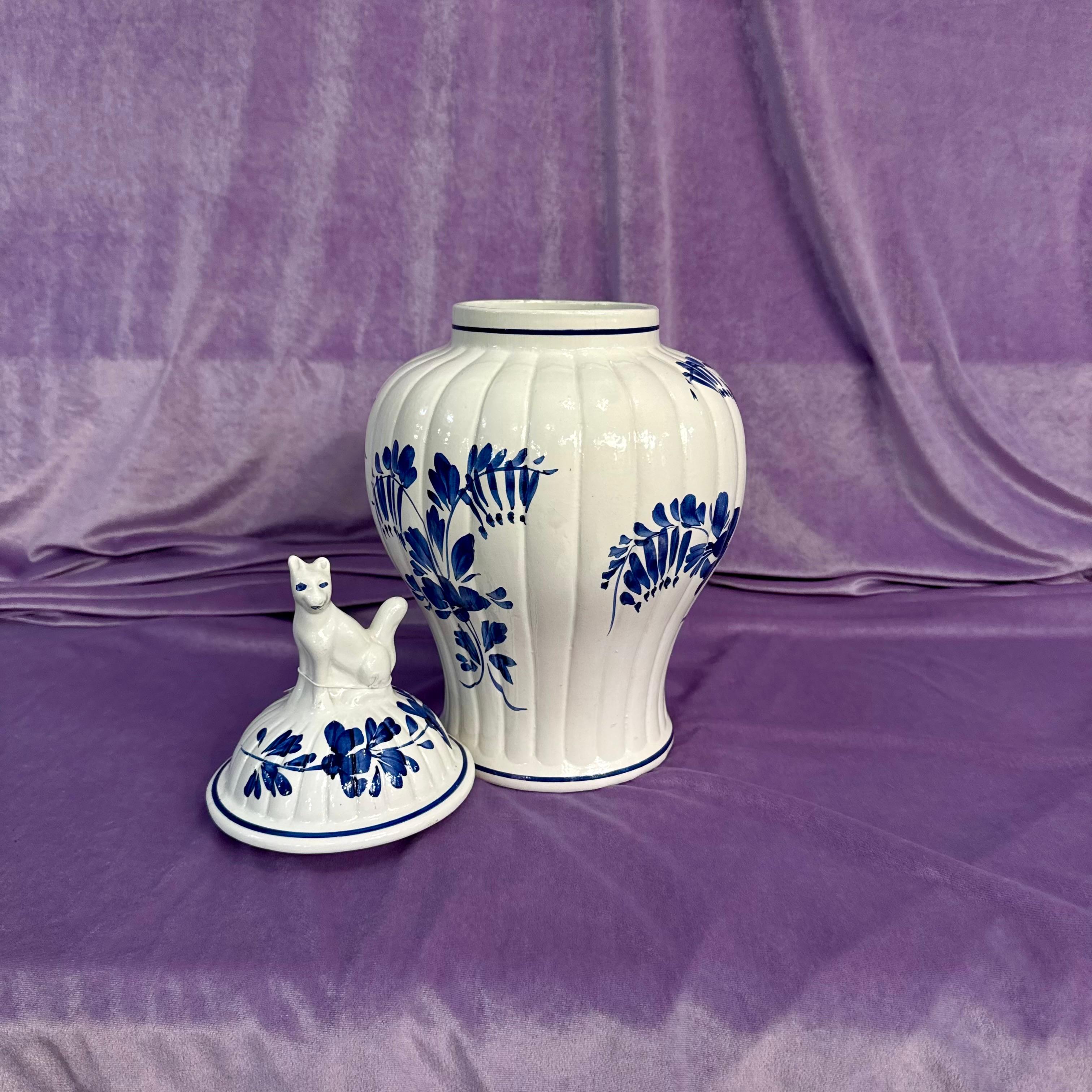 Bassano Italian Blue and White Lidded Jar with Fox Finial