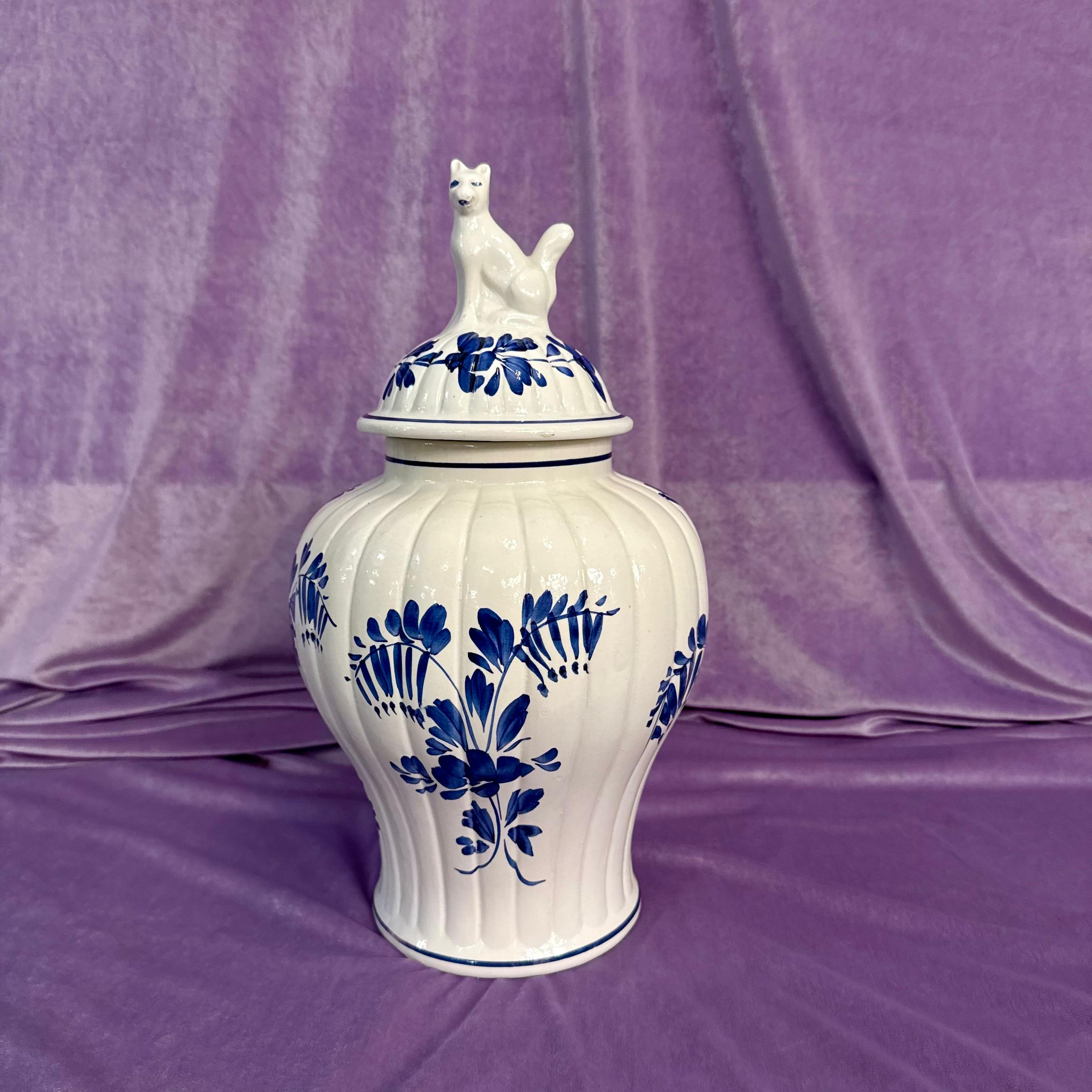 Bassano Italian Blue and White Lidded Jar with Fox Finial