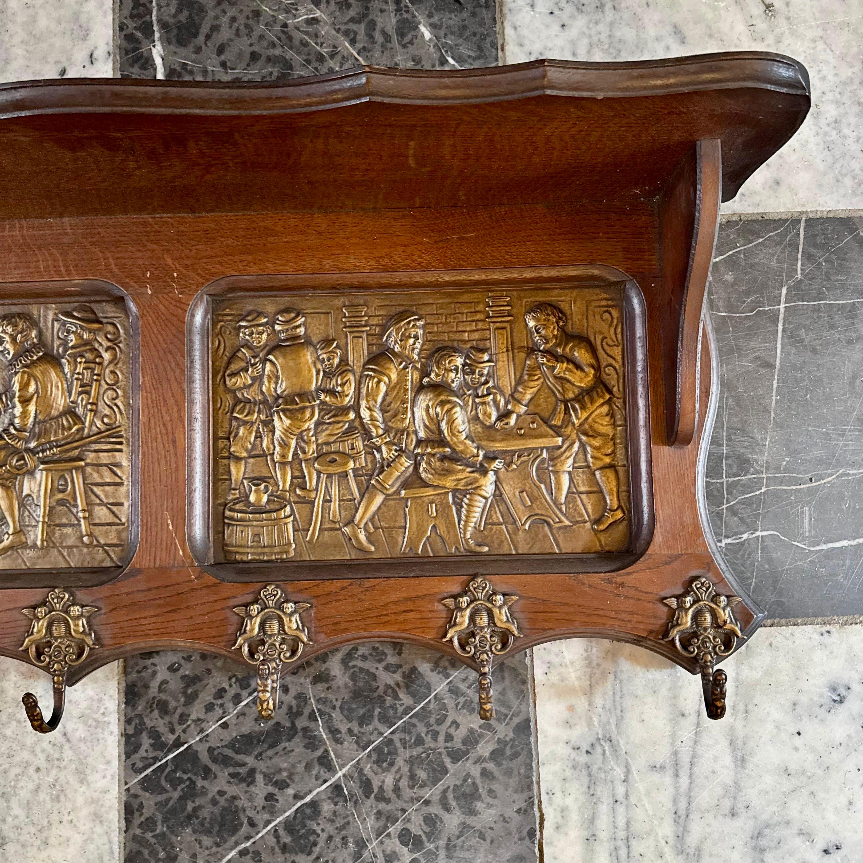 Vintage Oak Coat Rack with Pressed Brass Scenes