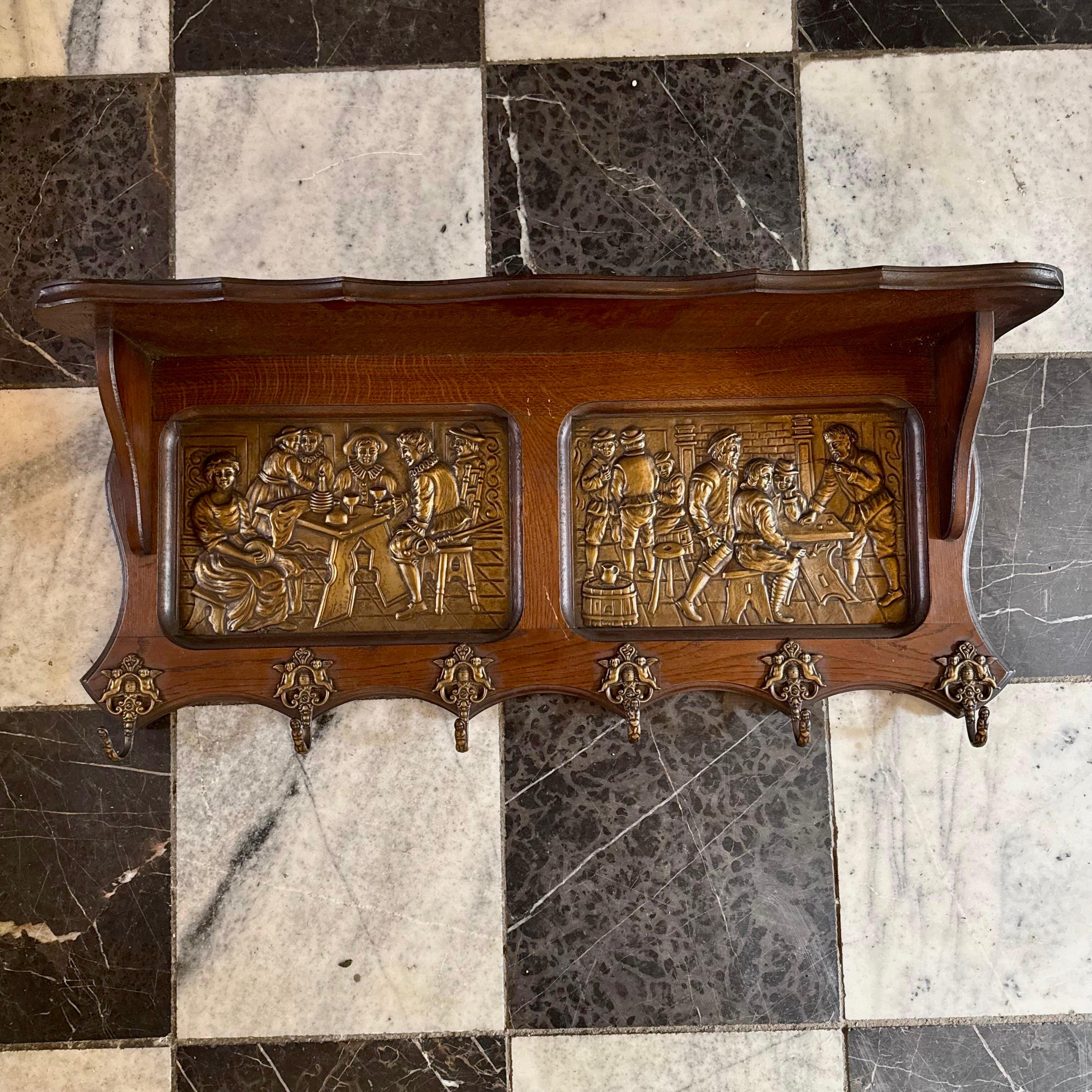 Vintage Oak Coat Rack with Pressed Brass Scenes