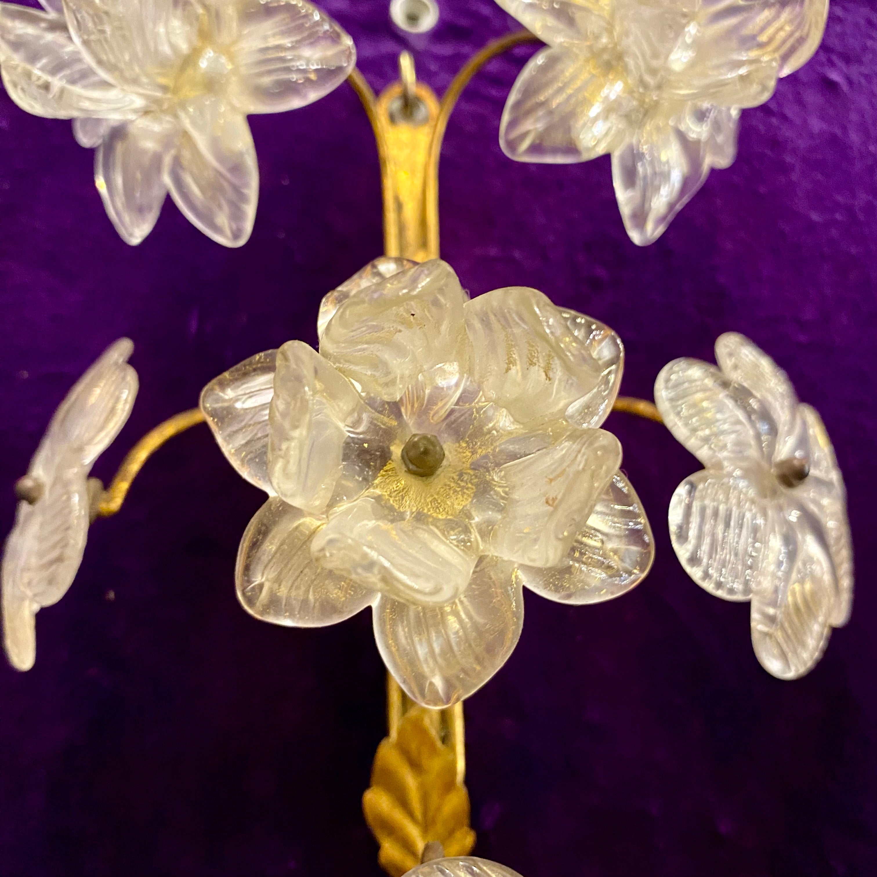 Trio of Beautiful Brass and Murano Flower Sconce