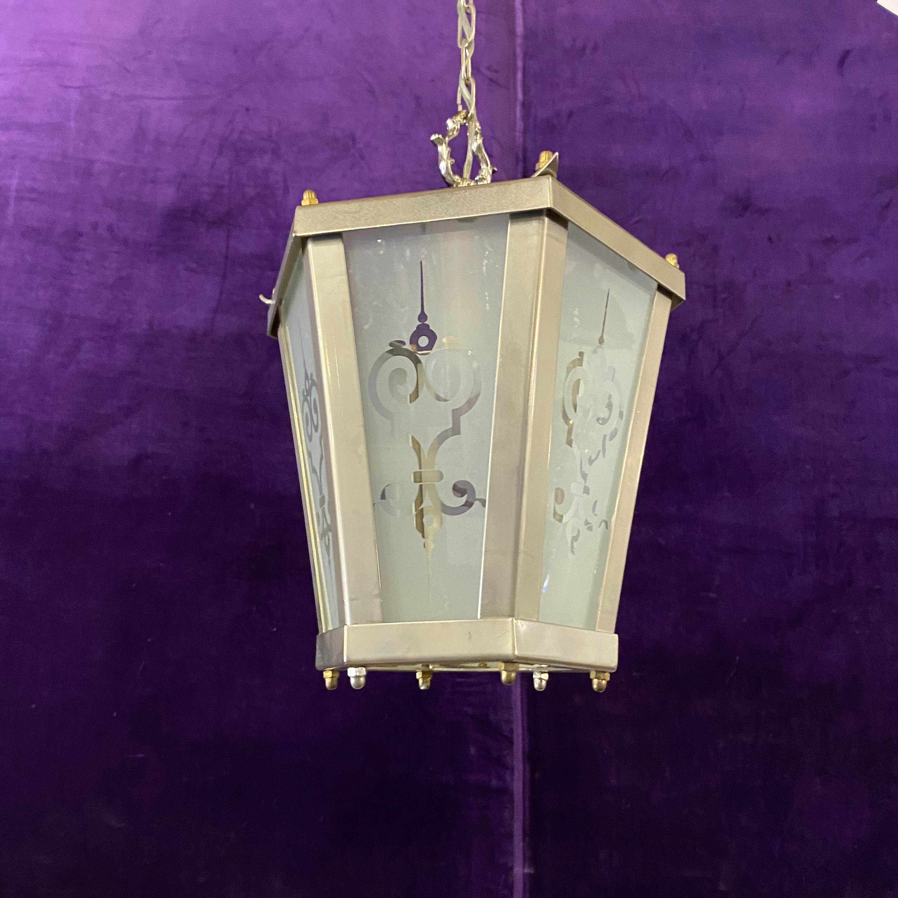 Aged Nickel and Frosted Glass with Etched Design Lantern