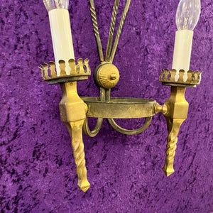 Pair Antique Wrought Iron and Brass Wall Sconces