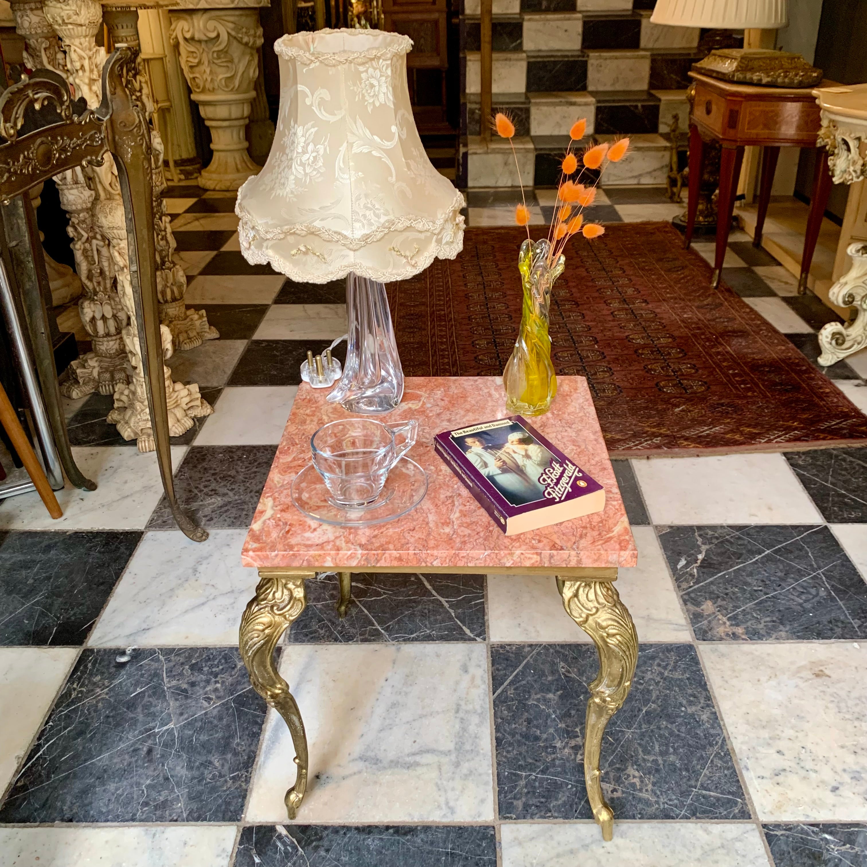 Petite and Heavy Antique Brass Table with Orange Marble Top