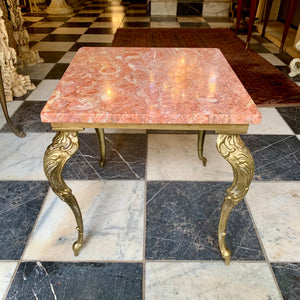 Petite and Heavy Antique Brass Table with Orange Marble Top