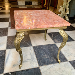 Petite and Heavy Antique Brass Table with Orange Marble Top