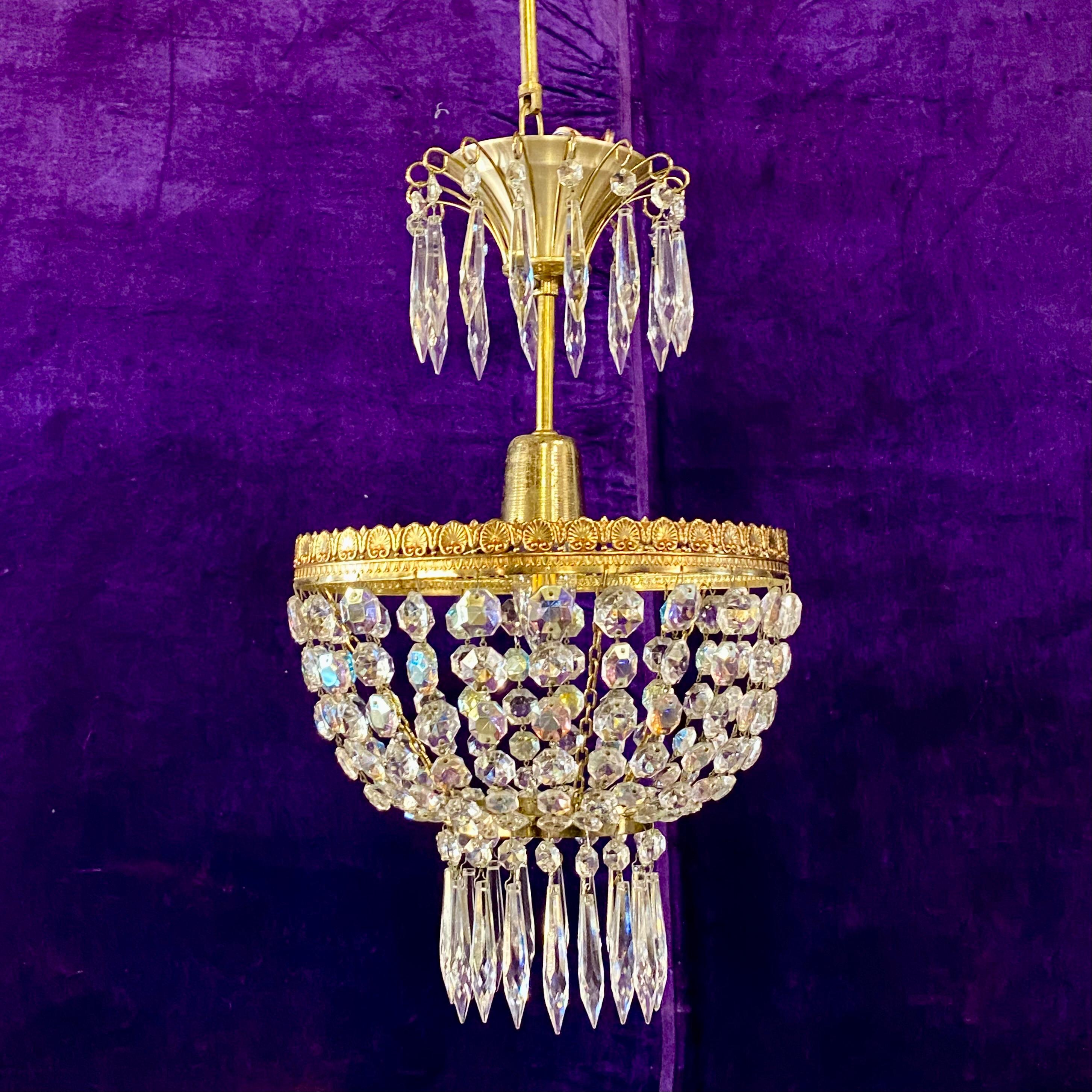 Beautiful Brass and Iridescent Crystal Basket Chandelier - SOLD
