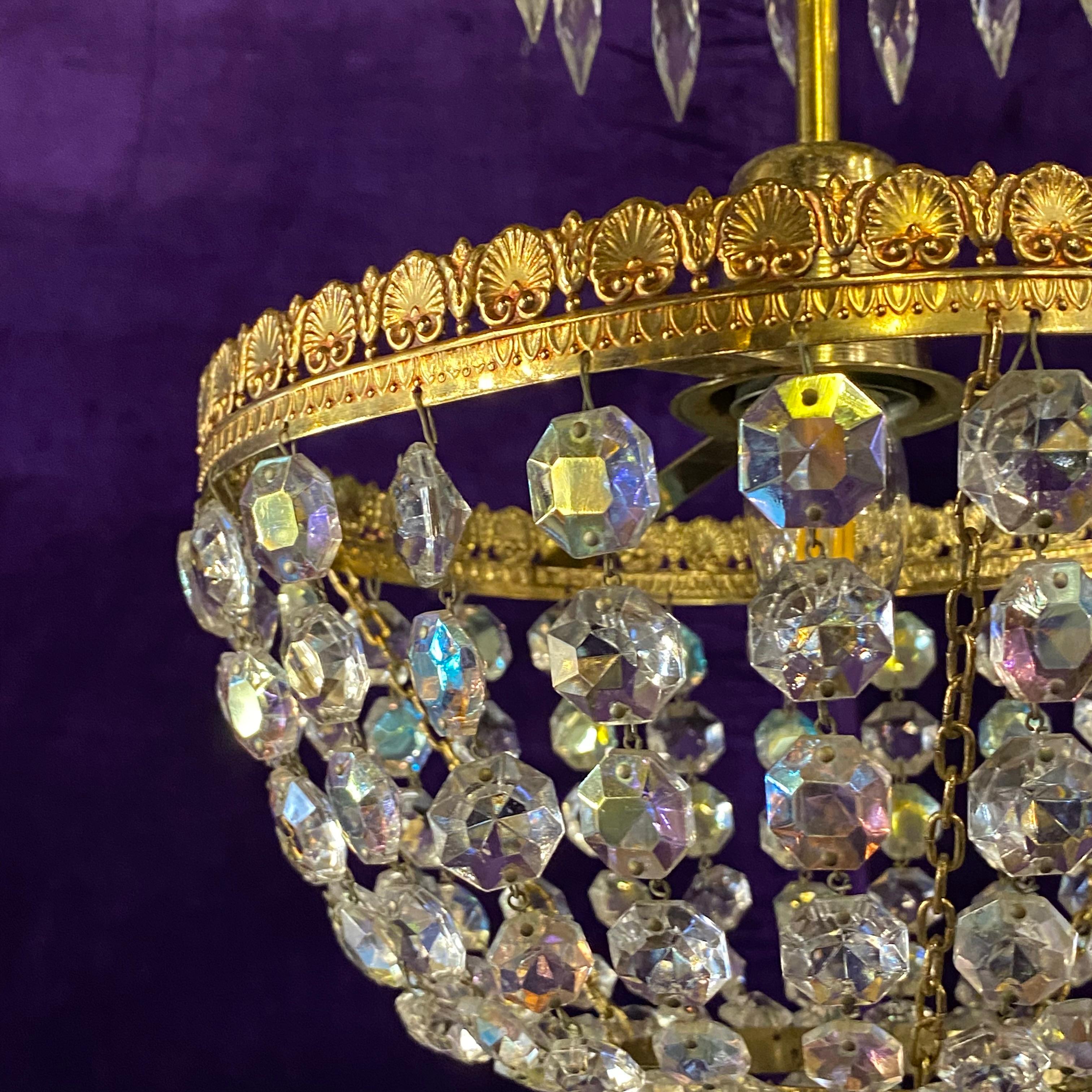 Beautiful Brass and Iridescent Crystal Basket Chandelier - SOLD