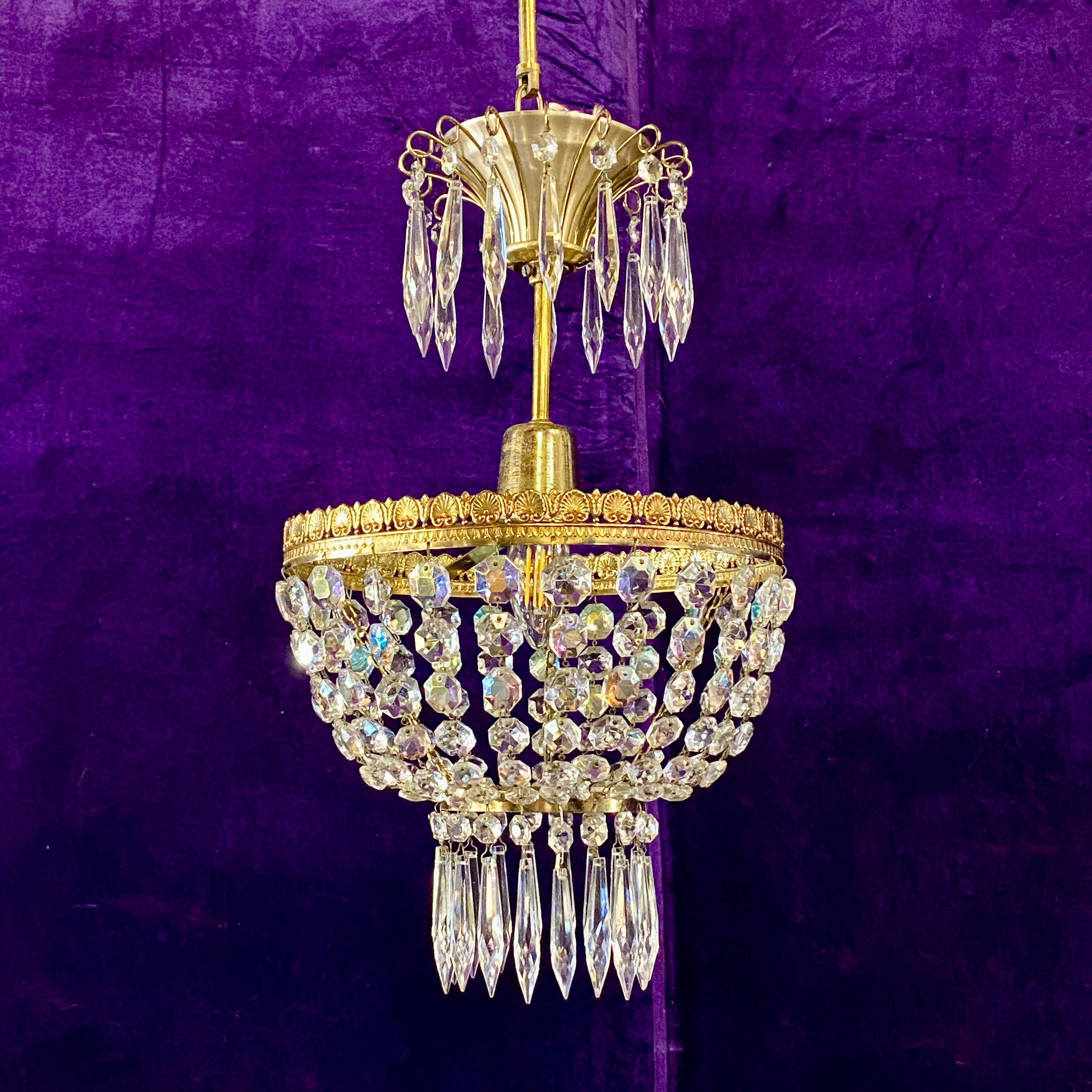 Beautiful Brass and Iridescent Crystal Basket Chandelier - SOLD