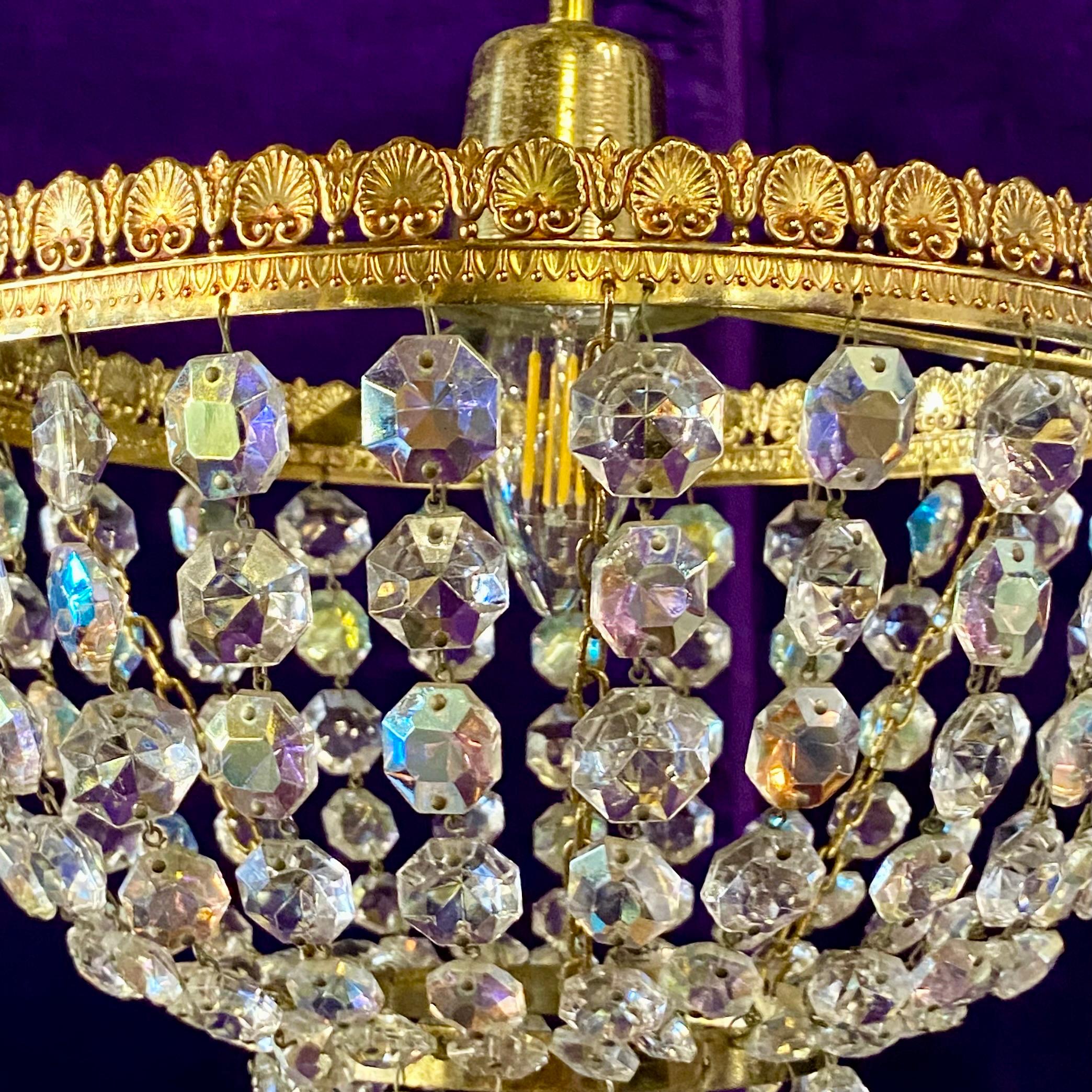 Beautiful Brass and Iridescent Crystal Basket Chandelier - SOLD