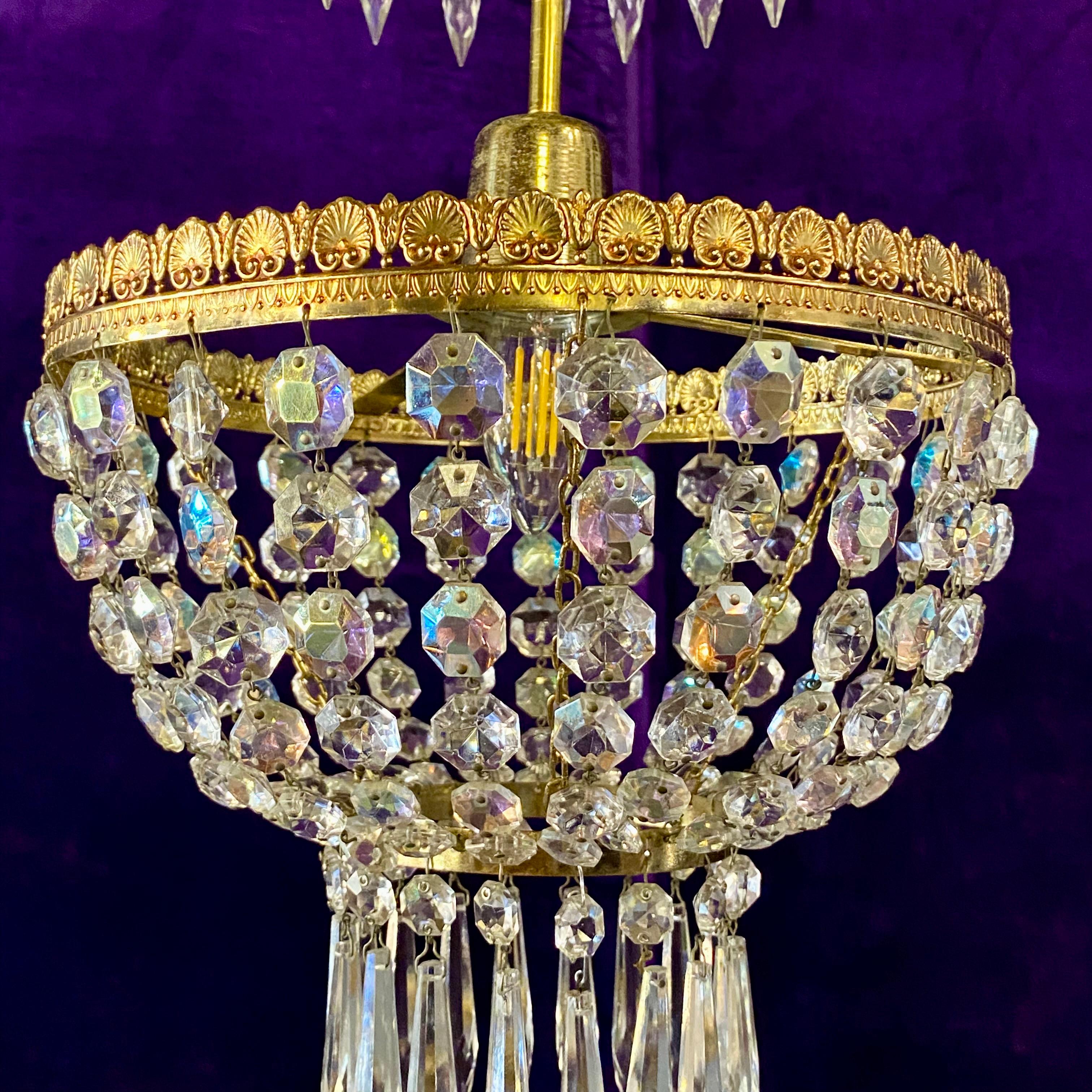 Beautiful Brass and Iridescent Crystal Basket Chandelier - SOLD